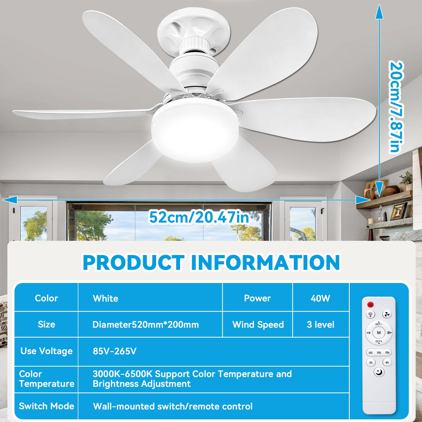 Ventilatore da Soffitto con Luce e Telecomando, 52 cm, 40 W, Ventilatore a Soffitto LED con Portalampada E27, Dimmerabile a 3 Modalità, 3 Velocità, per Soggiorno, Camera da Letto e Sala da Pranzo