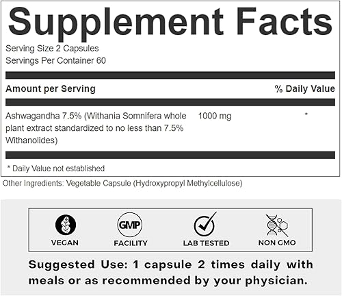 Miniatura 2 de Ashwagandha 7.5% Suplemento de apoyo energético a base de hierbas 500 mg - Apoyo para el alivio del estrés, apoyo natural del estado de ánimo -