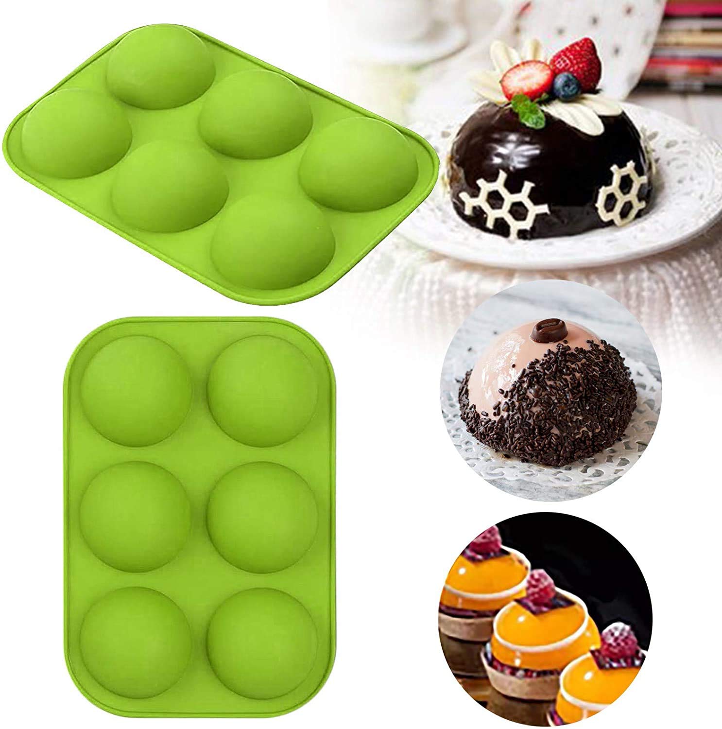 6 Holes Silicone Mold For Chocolate, Cake, Jelly, Pudding, Handmade Soap, Round Shape BPA Free Baking Mould (Green)