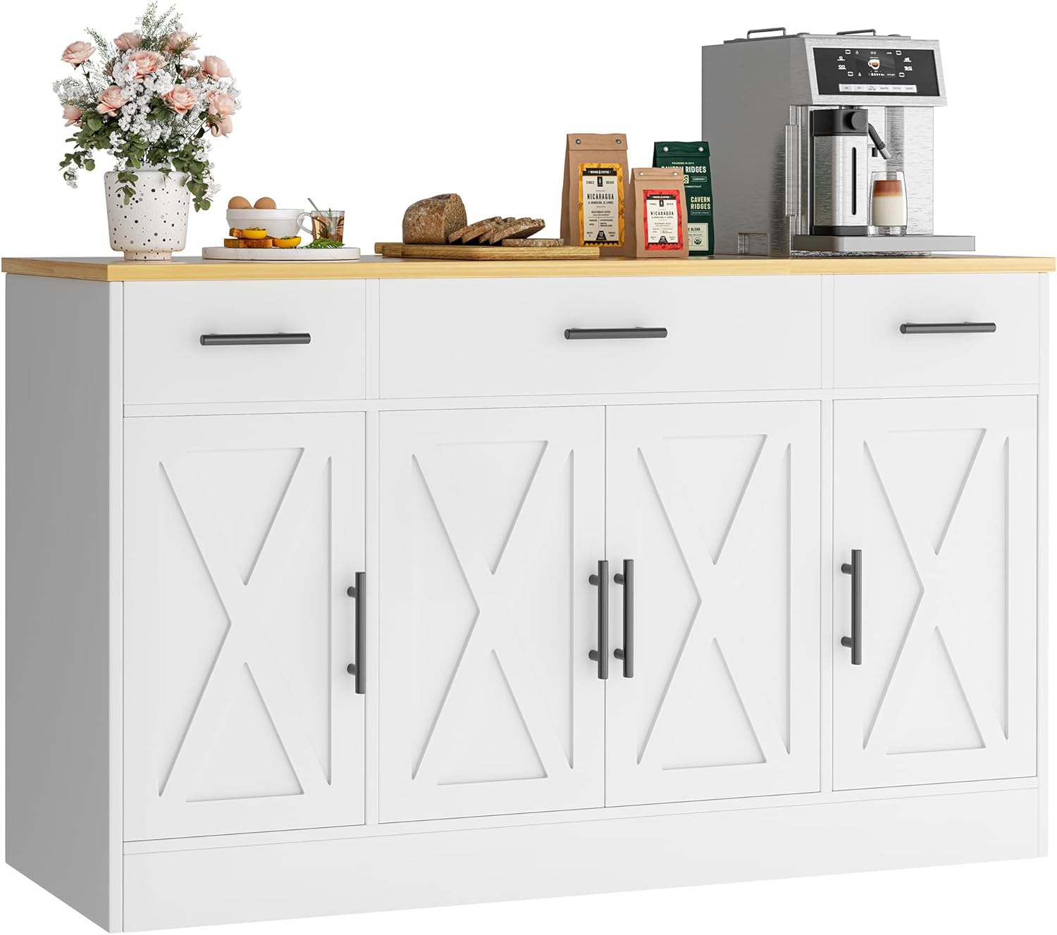 Vongrasig 53" Farmhouse Sideboard Buffet Cabinet with Storage Drawers, Adjustable Shelves - White Kitchen Dining Buffet Table