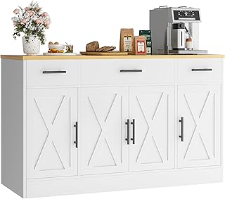 Vongrasig Buffet Cabinet with Drawers, 53” Large Sideboard Buffet Kitchen Storage Cabinet, Modern Farmhouse Coffee Bar with Shelves and Doors, Wood Buffet Table for Kitchen, Dining Room, White