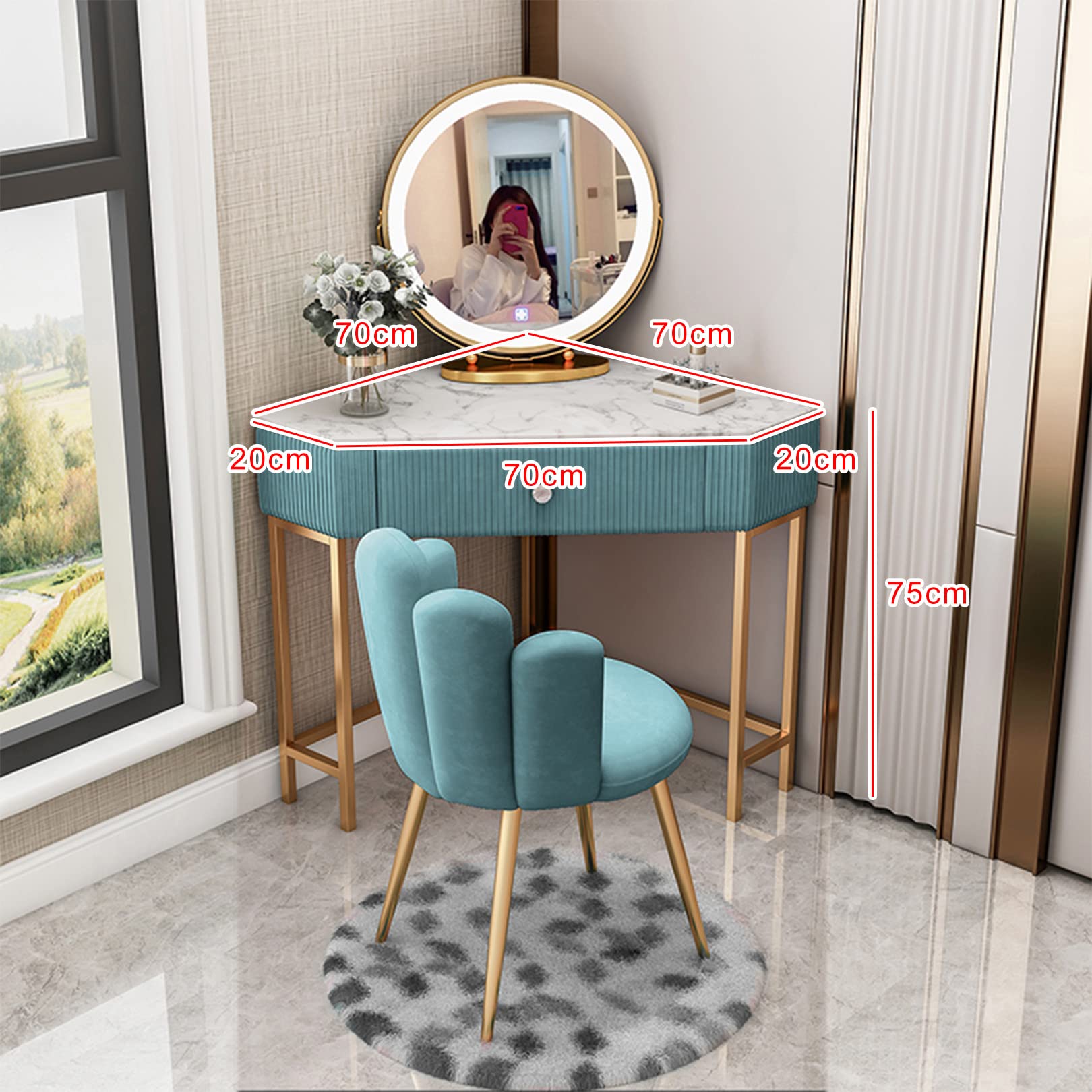 Set da toeletta con specchio, 5 cassetti e sgabello, elegante mobile per camera da letto da donna, 60/70 cm, scrivania per cosmetici e accessori