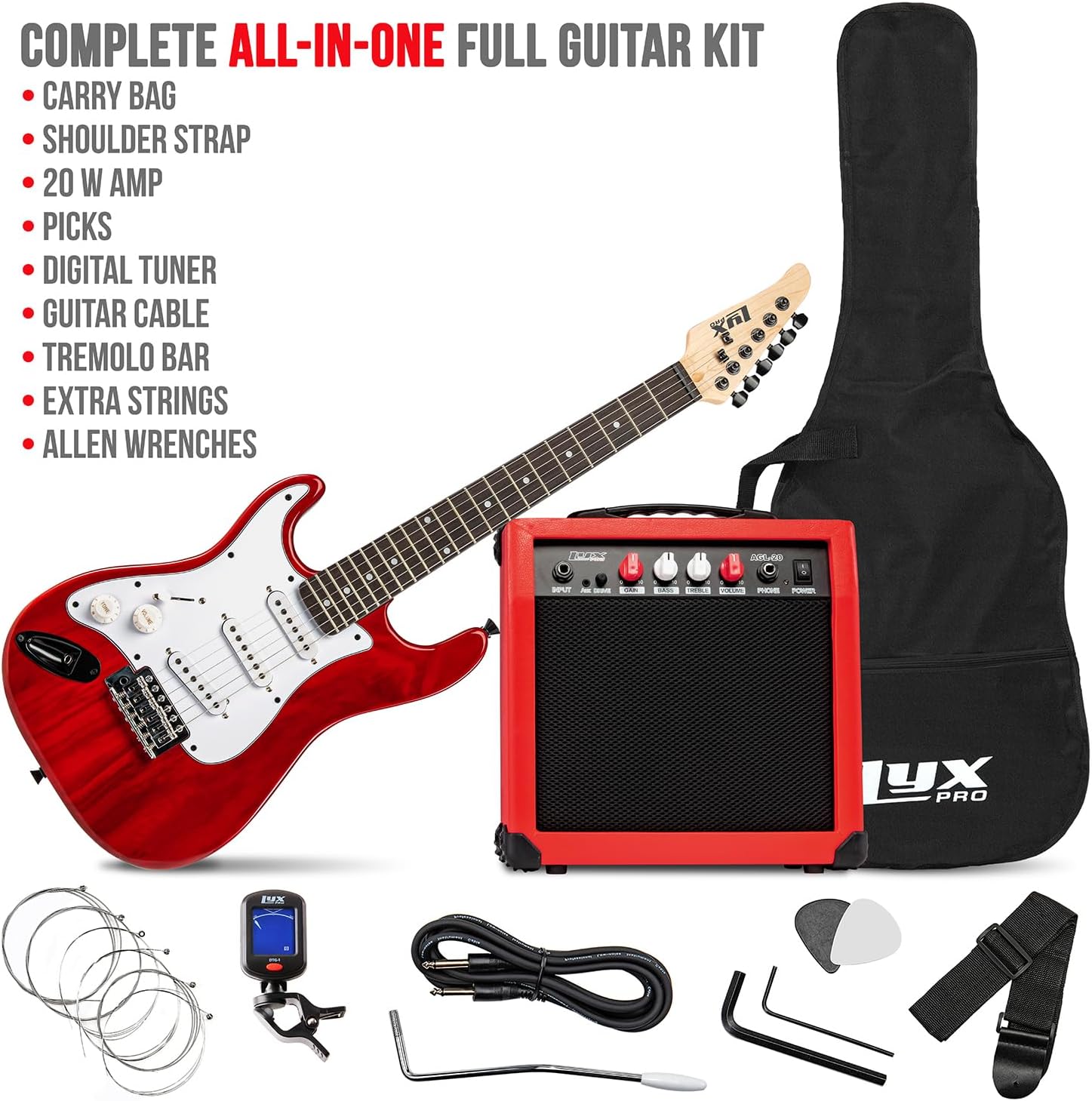 LyxPro Left Hand 36 Inch Electric Guitar and Kit for Lefty Kids with 3/4 Size Beginner’s Guitar, Amp, Six Strings, Two Picks, Shoulder Strap, Digital Clip On Tuner, Cable and Soft Case Gig Bag - Red