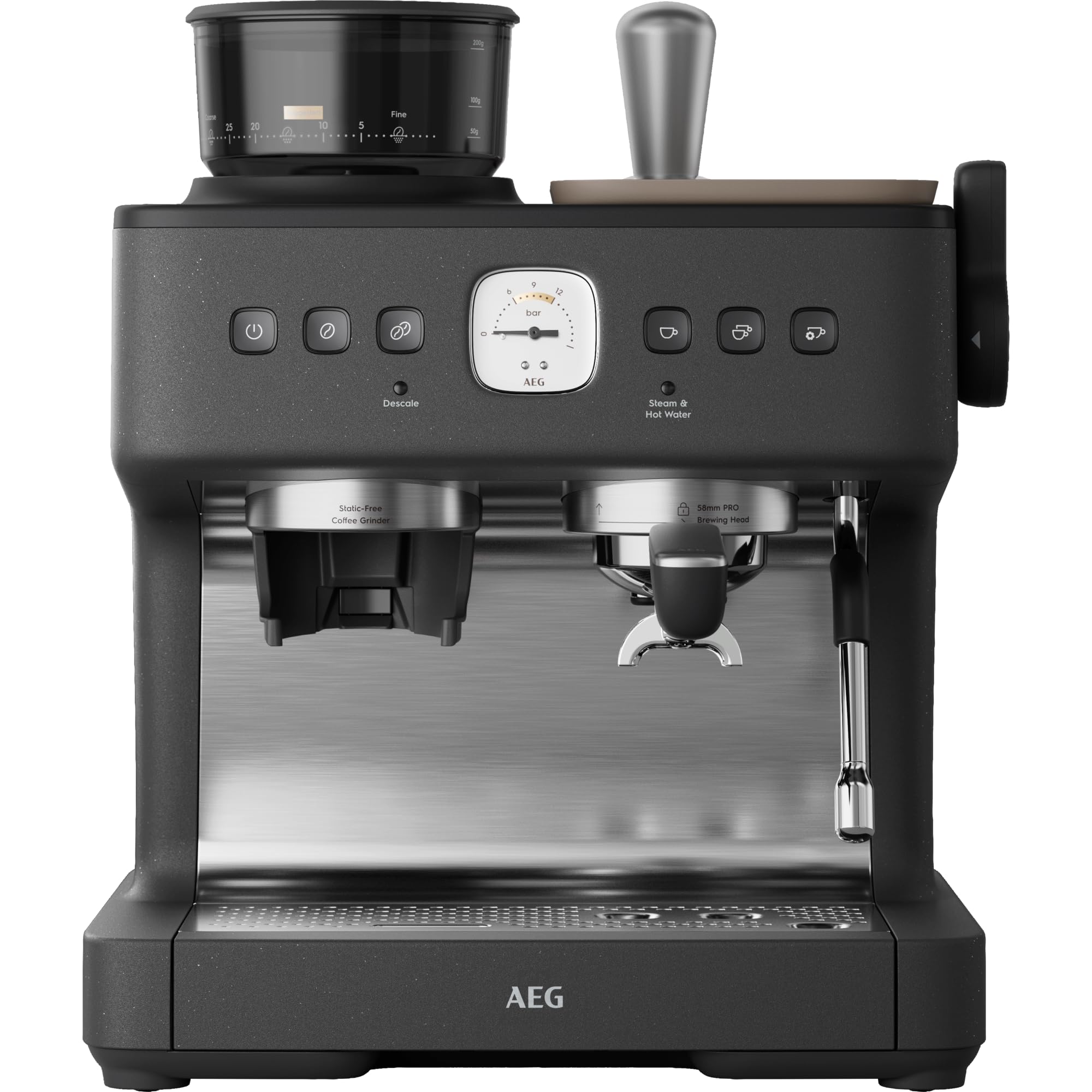 AEG Espresso Siebträgermaschine EC8-1-8BP, Dual Thermoblock, 30 Mahlgrade, 20 Bar, PID, 58mm Brühkopf, Black Pearl