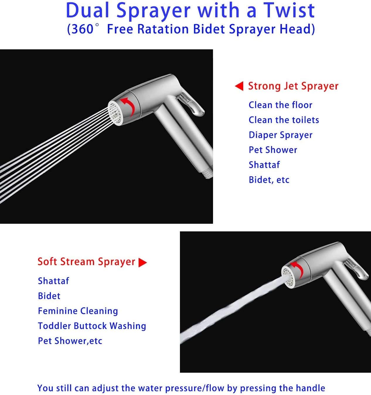 Handheld Bidet Toilet Sprayer with Shut off Valve, Dual Function 2 Kind Sprayer Shattaf - Stream and Jet, Cloth Diaper Sprayer Kit - Personal Hygiene Cleaning No Leaking Toilet Attachment - Chrome