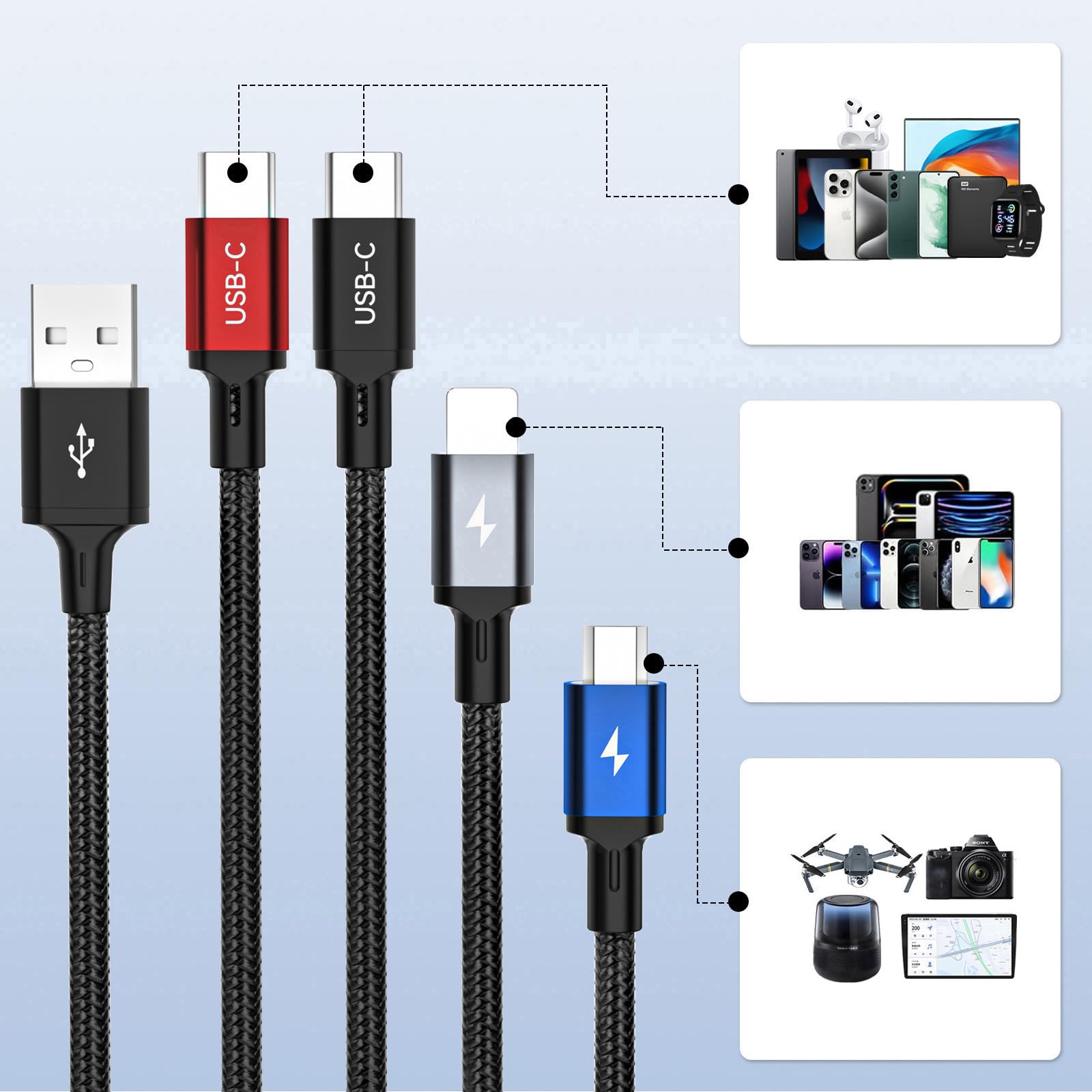 Cable de carga múltiple 4 en 1, 6.5 pies, paquete de 2 – Conectores múltiples USB-C y micro USB – Cable de carga para Android, iPhone 15/16, portátiles, tabletas y más (paquete de 2 USB-A