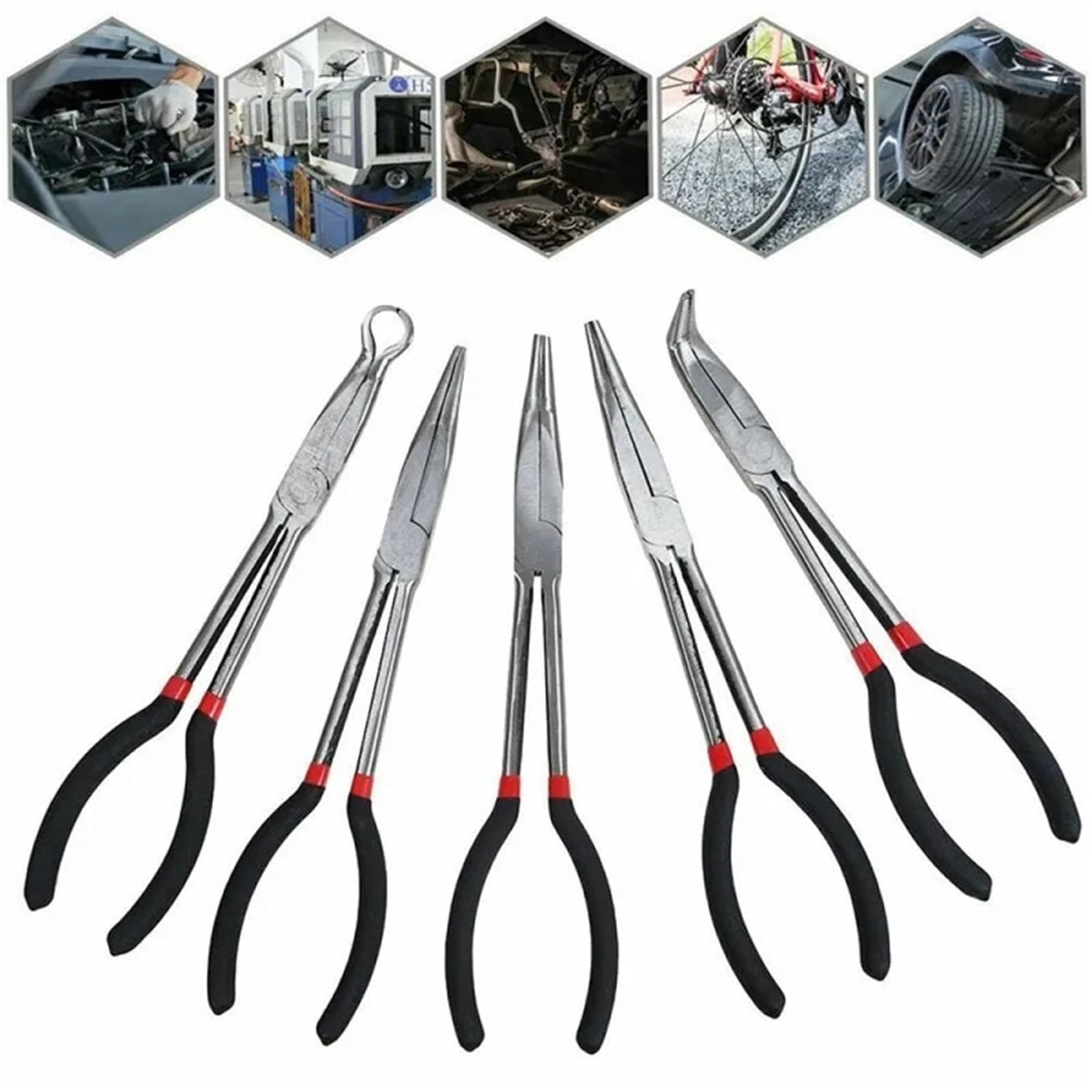 Set Di Pinze Set di 5 pinze a becchi da 280 mm, dritte, curve a 25°/45°/90° e tondi, utensili manuali ergonomici antiscivolo for riparazioni auto fai te