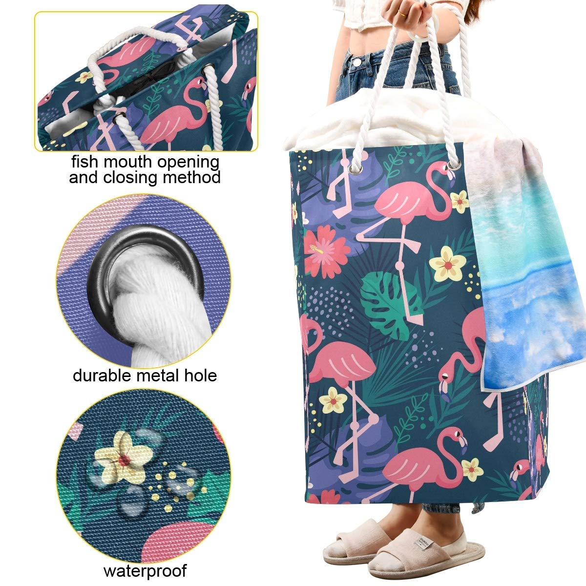 Großer Wäschesack mit Blättern, Blume, Flamingo, freistehend, faltbar, mit Tragegriffen