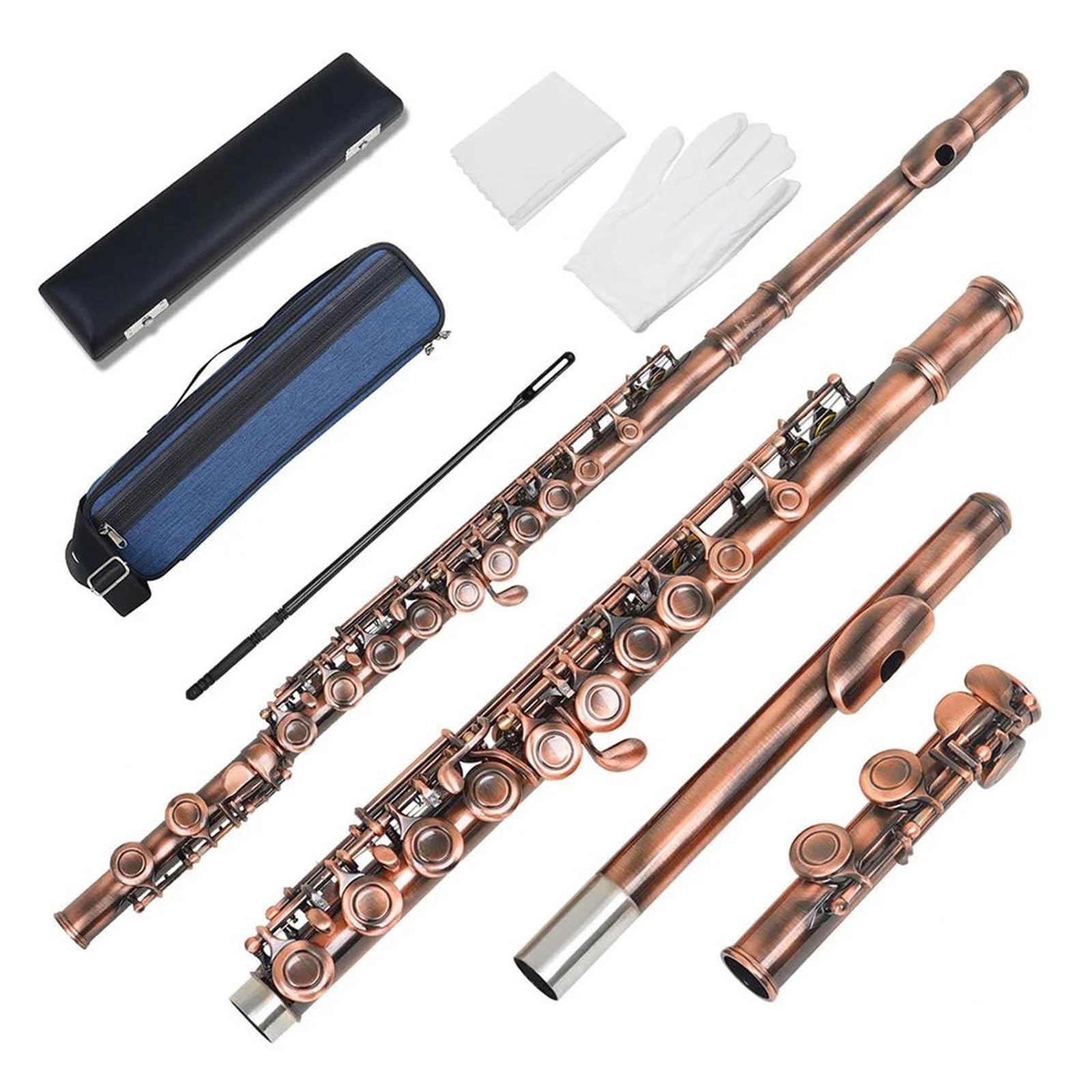 flet prosty 16-otworowy flet z zamkniętym otworem klucz C profesjonalny flet poprzeczny z pudełkiem rękawice do wycieraczek instrument fletowy (Color : Antique Copper)