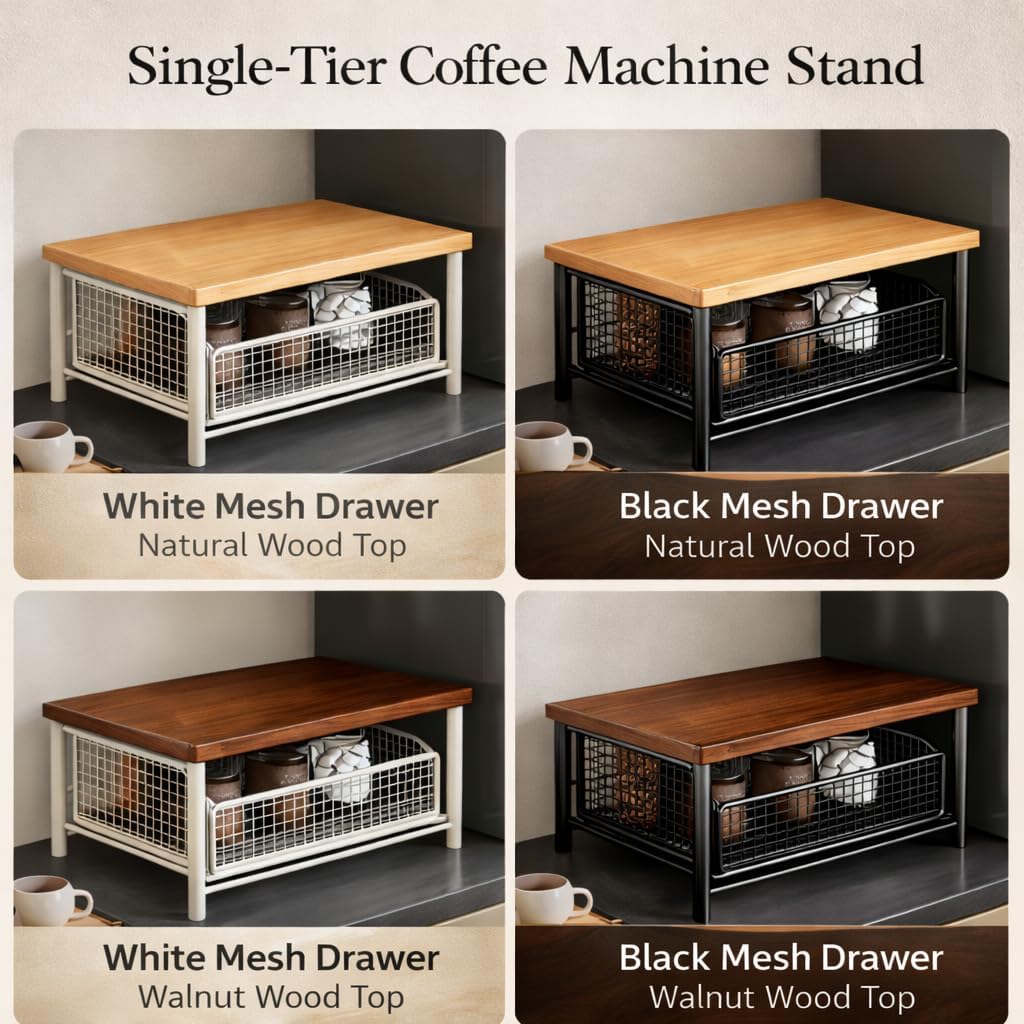 Kitchen Countertop Organizer with Drawer & Wire Basket, 2-Tier Hardwood Shelf for Coffee Maker, Toaster or Compact Microwave, Space-Saving Coffee Bar Storage Rack (Natural wood color + black)