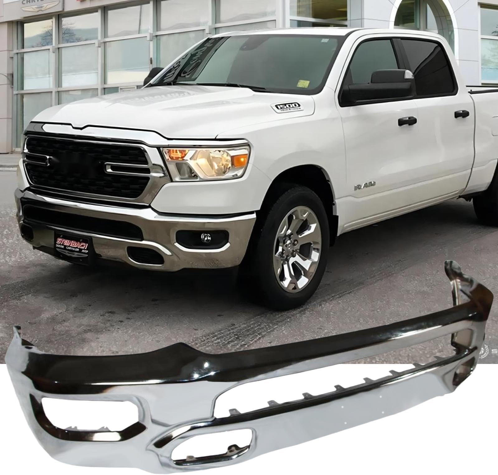 Front Bumper Compatible with 2019-2024 Dodge Ram 1500, Silver Truck Automotive Steel Replacement Bumpers Face Bar with Fog Lights Hole, without Sensor Holes (Style A)