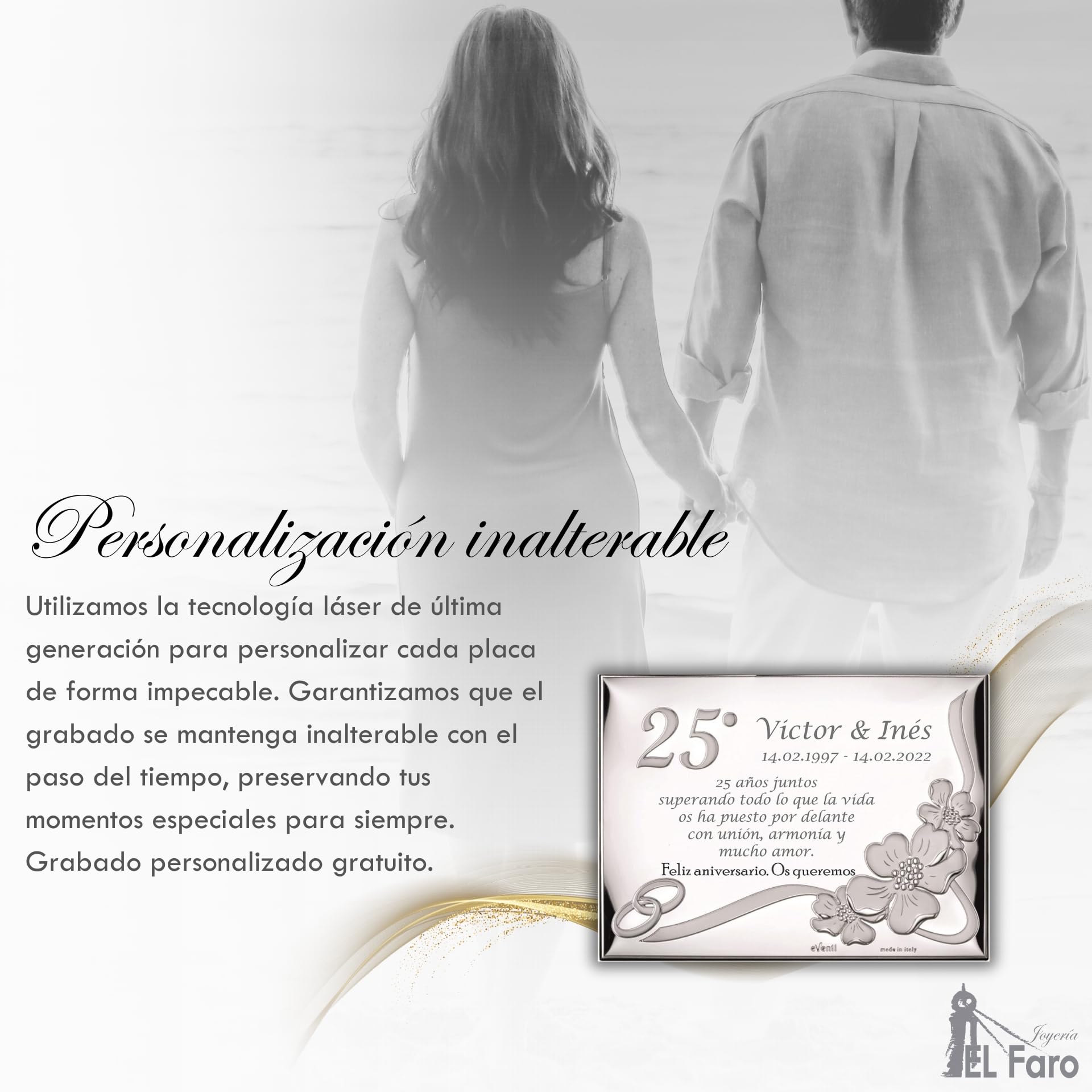 JOYERÍA EL FARO | Placa aniversario | Placa aniversario de bodas | Grabado personalizado | Presentación en estuche premium | Celebra vuestros años de amor juntos | Disponible en 2 tamaños