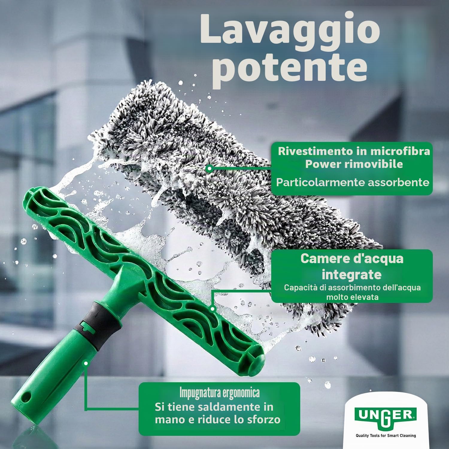 Unger Kit per la pulizia dei vetri (tergivetro, manico, copertura in microfibra, secchio da 12 L, detergente, raschietto, panno largo 35 cm) AK015