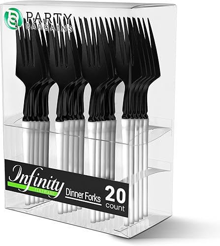 Party Bargains Tenedores desechables de plástico blanco y negro, utensilios de diseño moderno infinito, paquete de 20