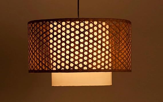 AKWAY Bamboo Lamp for Living Room Cane Pendant Light Rattan lamp for Hanging Bamboo Ceiling lamp for Home Decoration (Beige 14 Dia x 7)