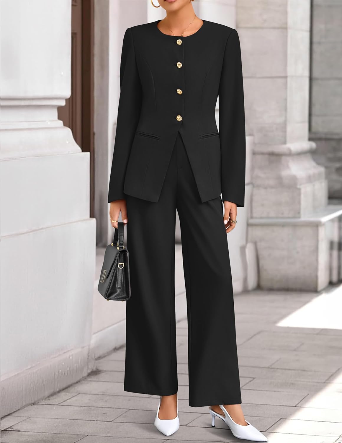 ZESICA Women's 2026 Spring Two Piece Suits Set Casual Business Long Sleeve Blazer Jacket Wide Leg Pants Work Outfits Sets - Image 4