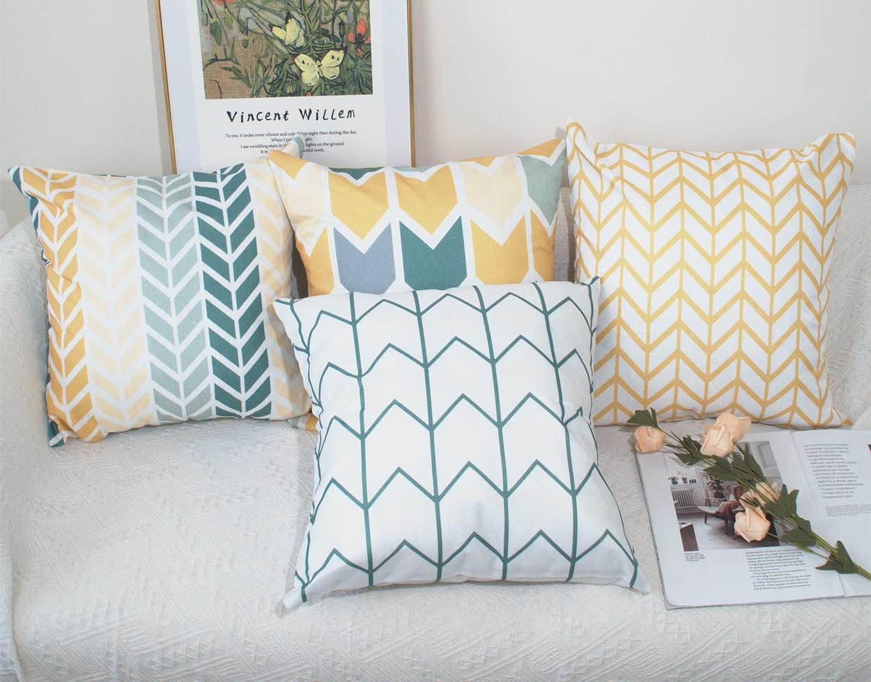 Set di 4 federe in cotone per la casa 40 x 40 cm - giallo e verde Throw cuscino decorazione cuscino caso di copertura decorativa per soggiorno divani