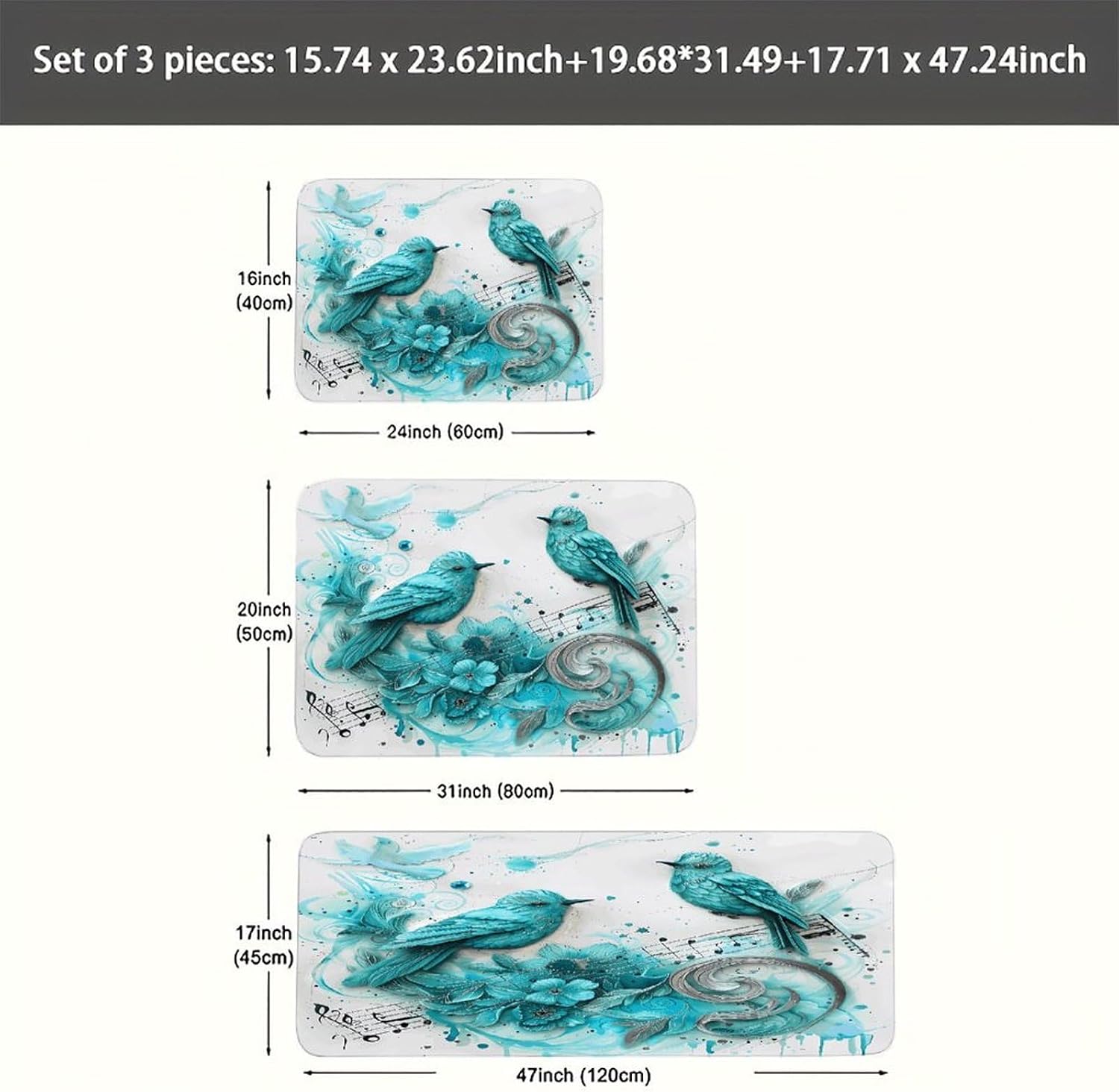 Teal Birds Musical Note Kitchen Rugs Sets of 3 Washable Non Slip Kitchen Rug Water Resistant Carpet Piece Anti Fatigue Kitchen Mats Soft Comfort Standing Mat Modern Area Rug