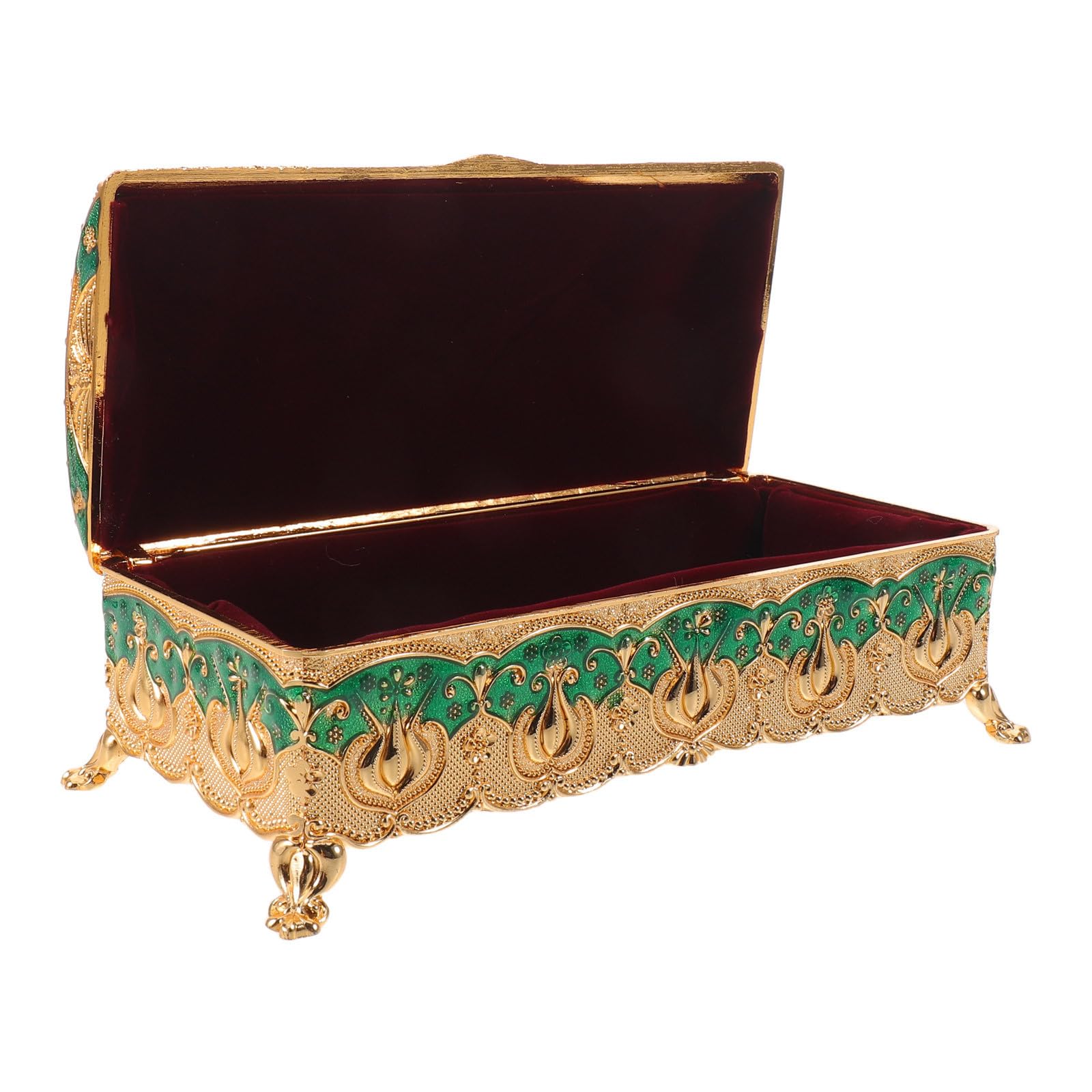 Boîte à bijoux vintage en émail vert au design royal et finitions résistantes