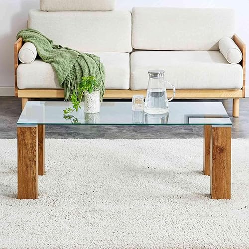 Miniatura 8 de Elegante mesa de centro de cristal con patas de MDF, mesa de cóctel contemporánea para sala de estar, 44.9 x 21.7 x 16.9 pulgadas de alto, fácil