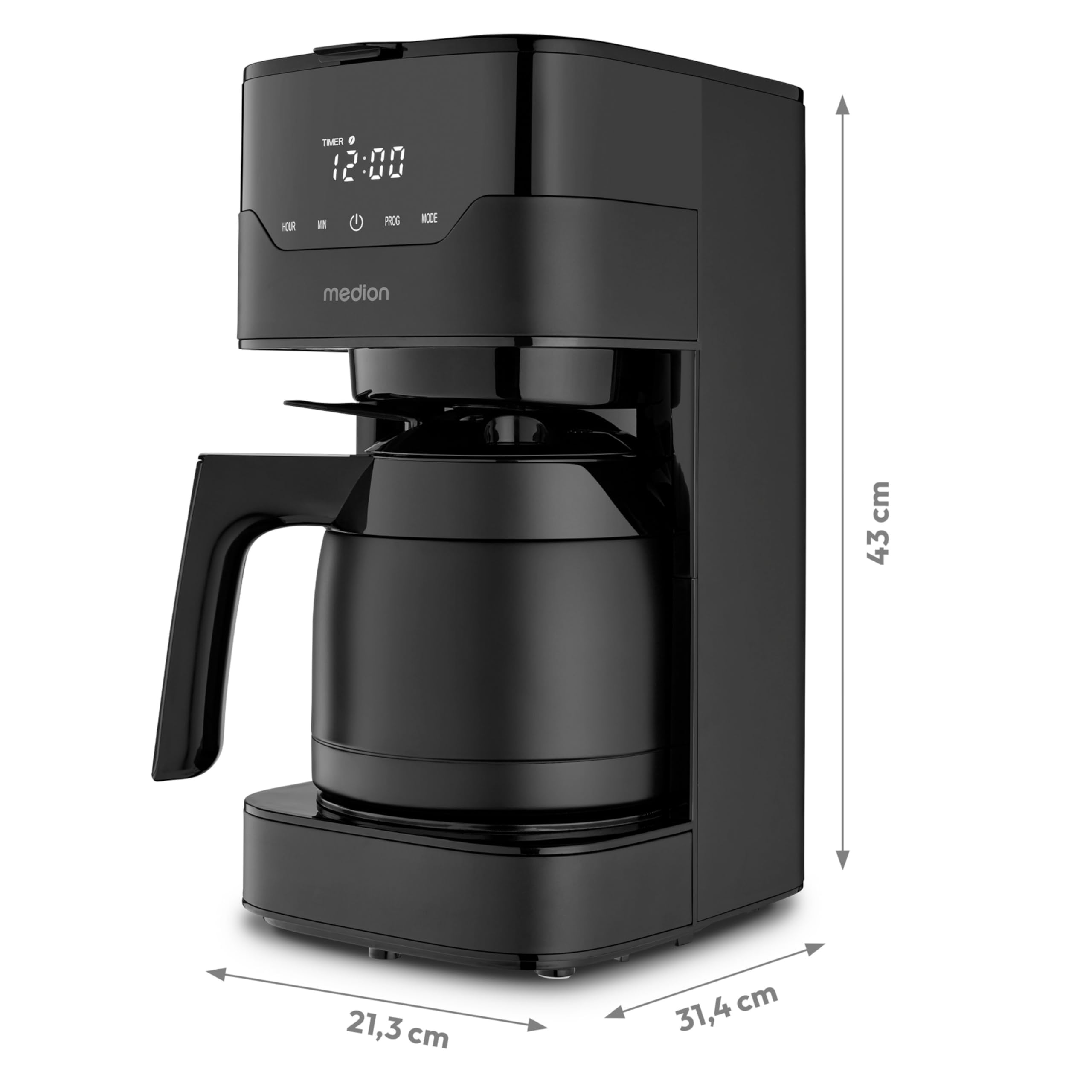 MEDION Kaffeemaschine mit Thermoskanne und Timer (Filtermaschine, 8 Tassen, 1,2 Liter, 900 Watt, 3 Stufen, Warmhaltefunktion, Timer Zeitschaltuhr, Antitropf, Display, MD18458) matt schwarz
