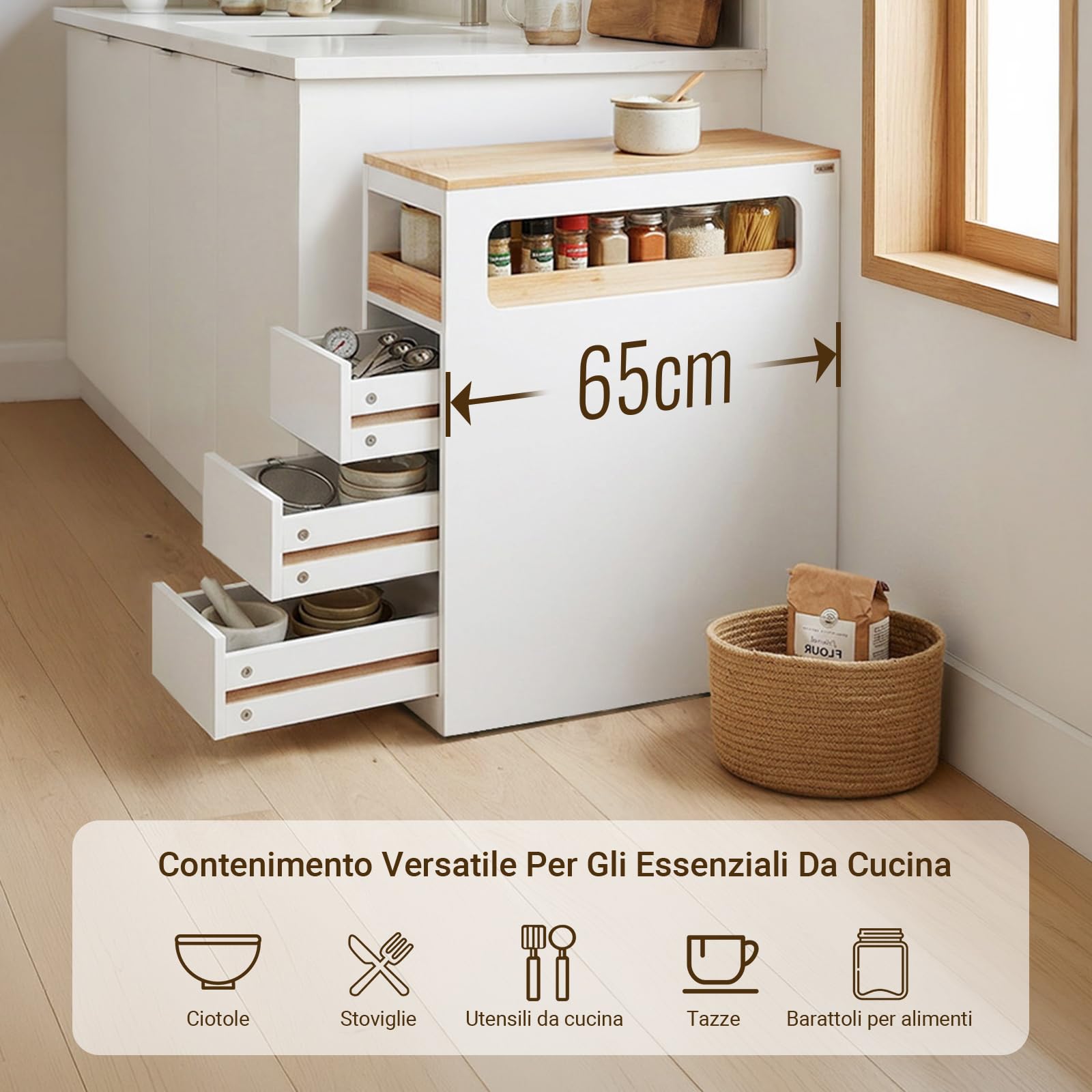 SoBuy Carrello Cucina Mobiletto Salvaspazio con Ruote 65x23x82cm | con Piano Di Lavoro, Cassetto E Ripiani Aperti, Carrello Portaoggetti Per Cucina, Bianco, BZR54-II-Wc