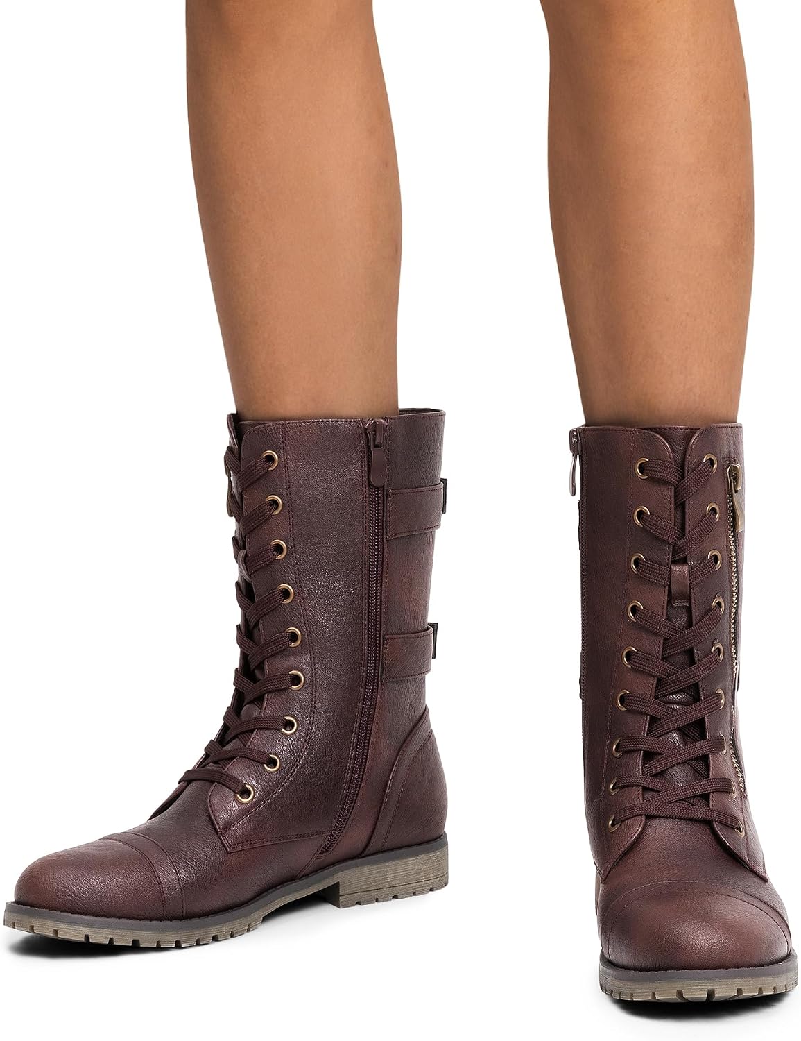 DREAM PAIRS Women's Mid Calf Built-in Wallet Pocket Lace up Military Combat Boots
