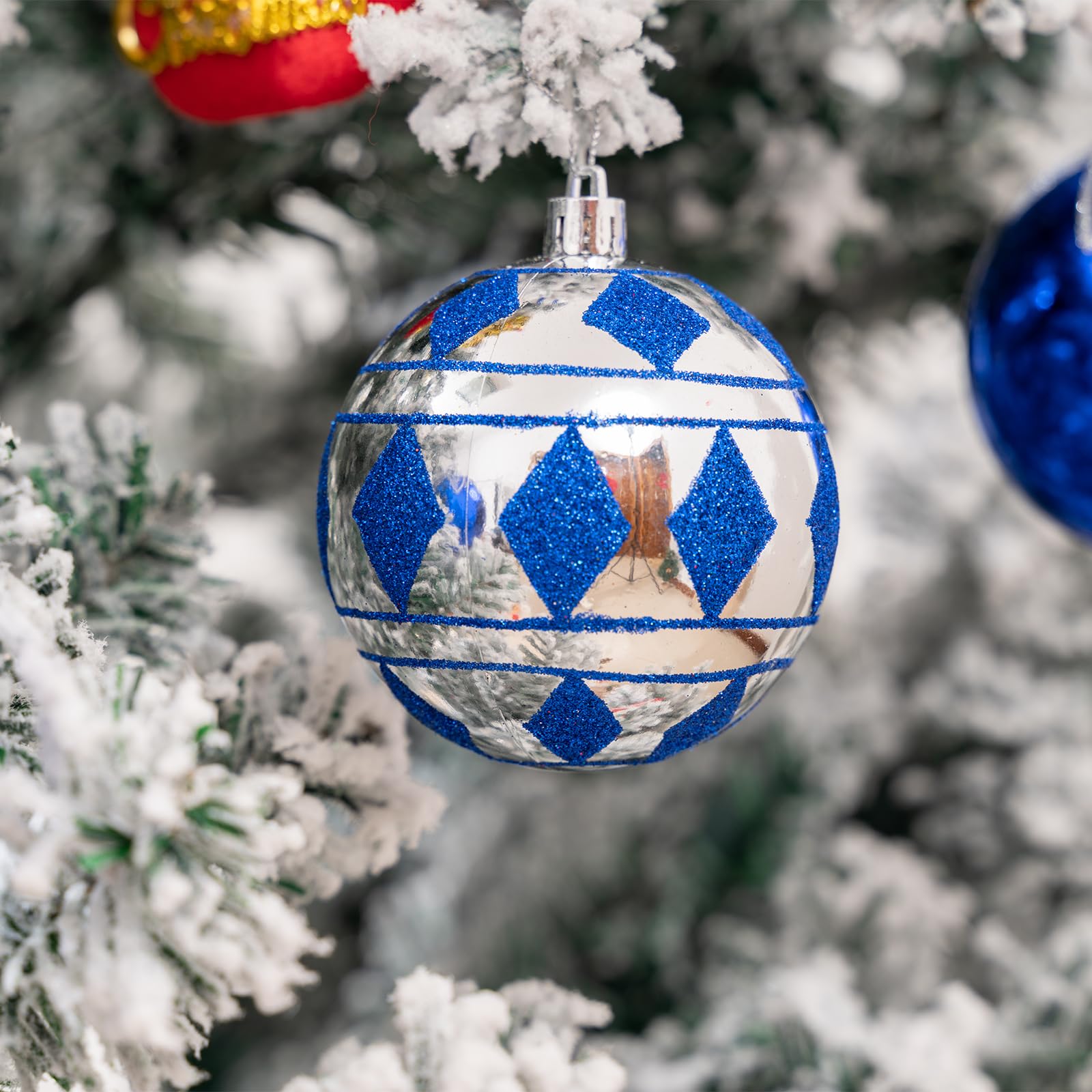 16 blaue und silberne Weihnachtsschmuck, 80 mm, große Weihnachtskugeln mit künstlerischer Malerei, bruchsichere Kunststoff-Hängeornamente für Weihnachten/Festival/Party (Blau und Silber)