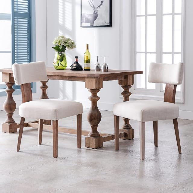 Wahson Mid Century Dining Chairs Set of 2 Linen Fabric Kitchen Leisure Chairs with Wood Legs, Upholstered Side Chairs for Dining Room/Living Room, Beige