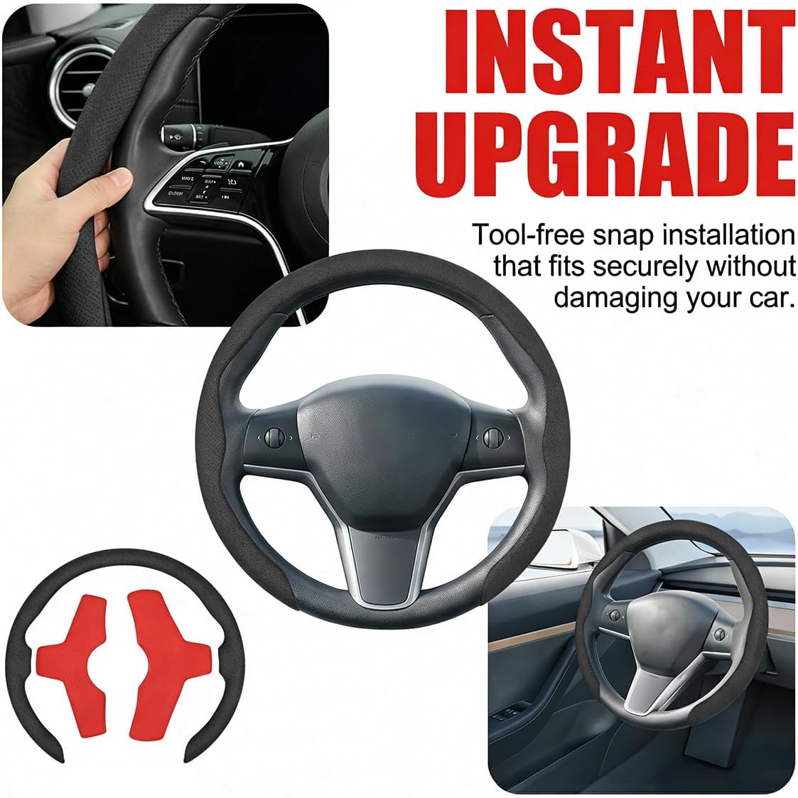 Osilly Car Steering Wheel Cover, 15″ Nappa Leather Comfortable Steering Wheel Protector with Non-Slip Grip, Sporty Auto Interior Decor Accessories, Universal for SUV Van Sedan (Black)