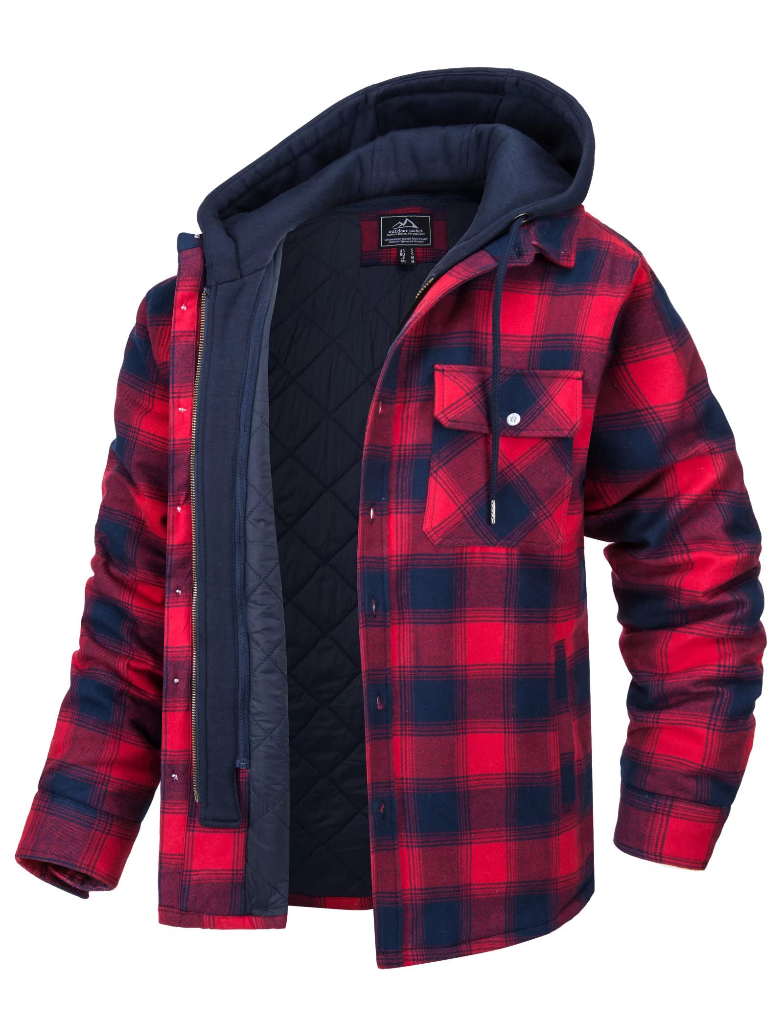MAGCOMSEN Men's Flannel Shirt Jacket with Removable Hood 5 Pockets Plaid Quilted Lined Winter Coats Thick Hoodie Outwear
