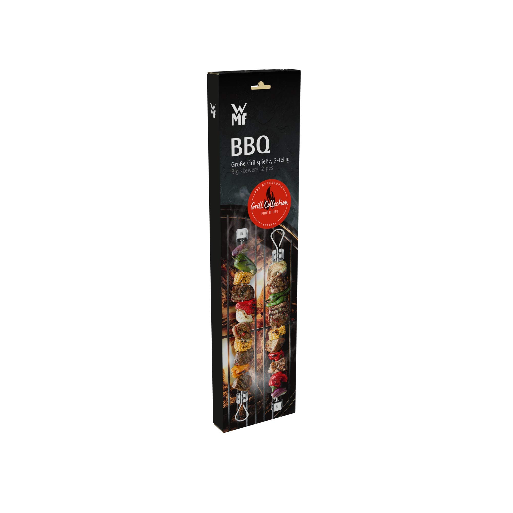 WMF 690326030 BBQ - Spiedi da barbecue in acciaio INOX con clip distanziatrici, 2 pezzi, 46 cm, spiedini, spiedini per frutta, 18/8