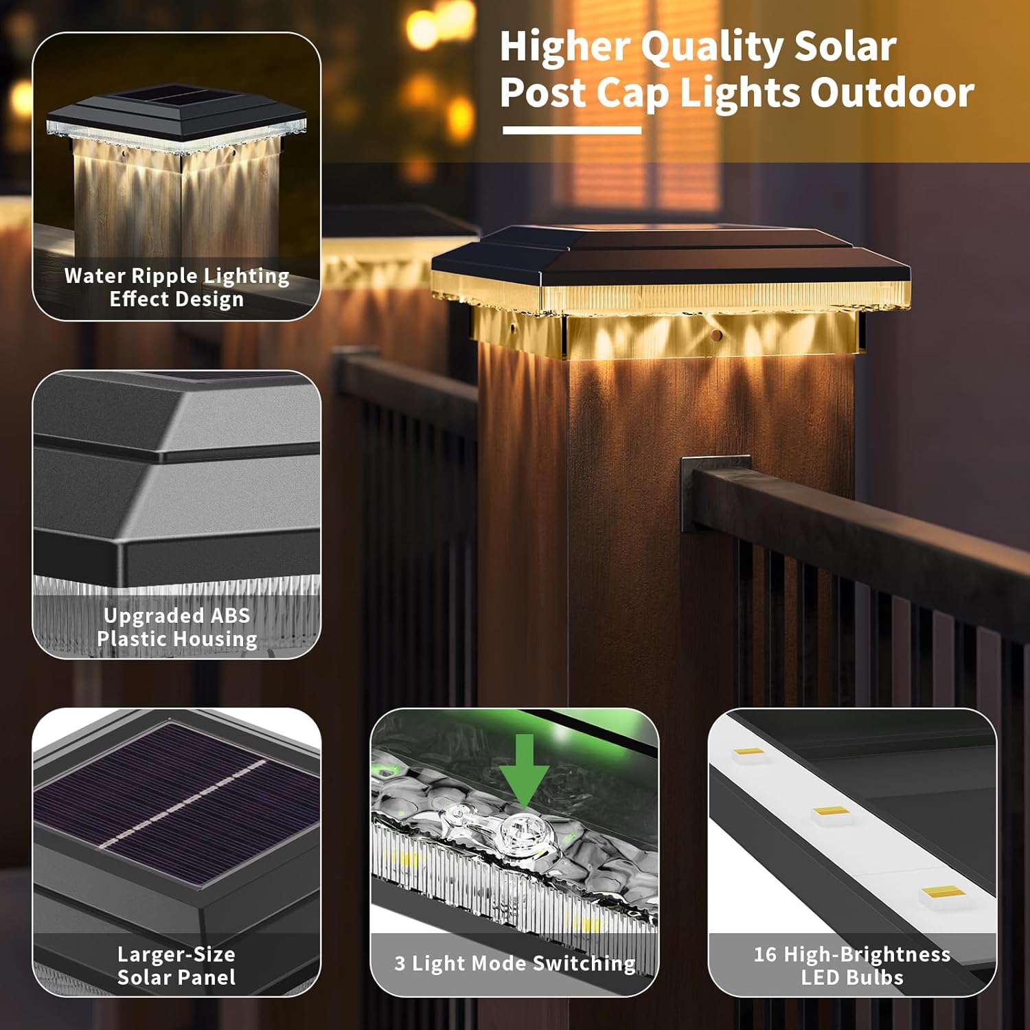 4x4 Solar Post Cap Lights Outdoor, 16 LED Fence Post Solar Lights with 3 Light Modes, Deck Post Lights Solar Powered Waterproof Fits 4x4 Posts Vinyl Wooden Posts for Deck Patio(Black, 12 Pack)