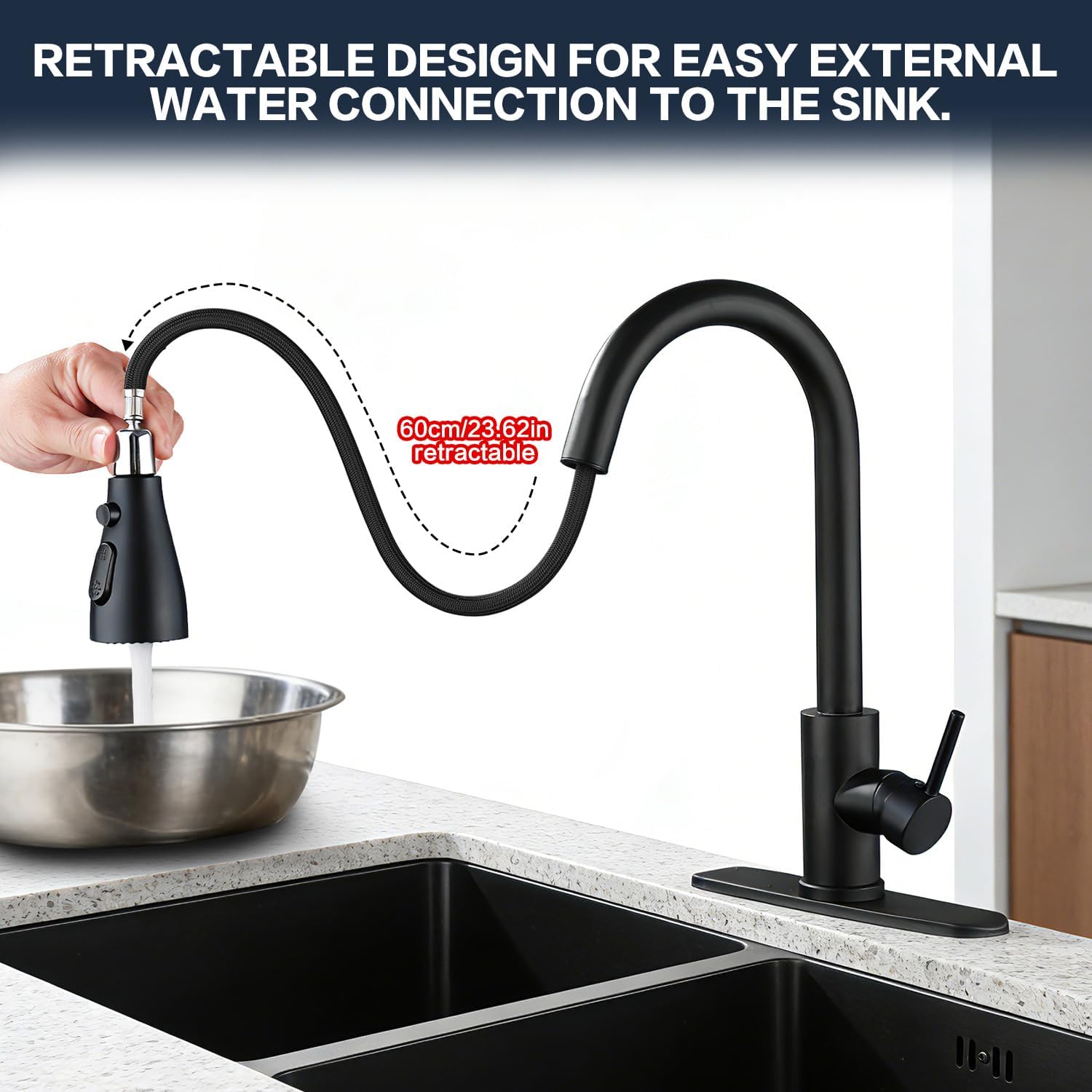 Kitchen Faucet with Pull Down Sprayer，Black Kitchen Sink Faucet，High Arc Single Handle Classic Stainless Steel Sink Faucet，1 or 3 Hole,Suitable for Farmhouse Camper Laundry Rv Bar
