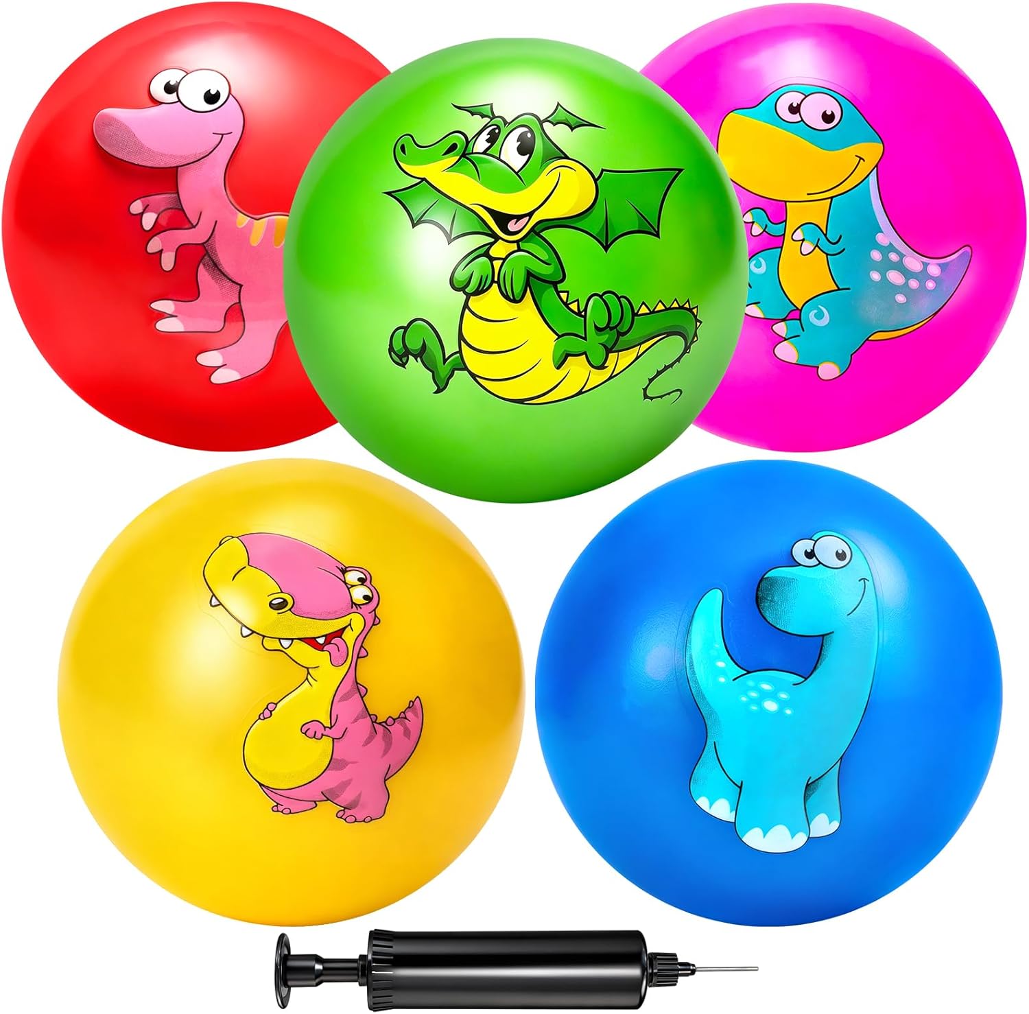 Hymaz 9 Inch 5 Pcs Bouncy Balls for Toddlers, Rubber Inflatable Bouncy Ball for Kids Ball Games, Soft Dinosaurs Sensory Balls with Pump for Indoor Outdoor Beach Playground Backyard Pool Class Games