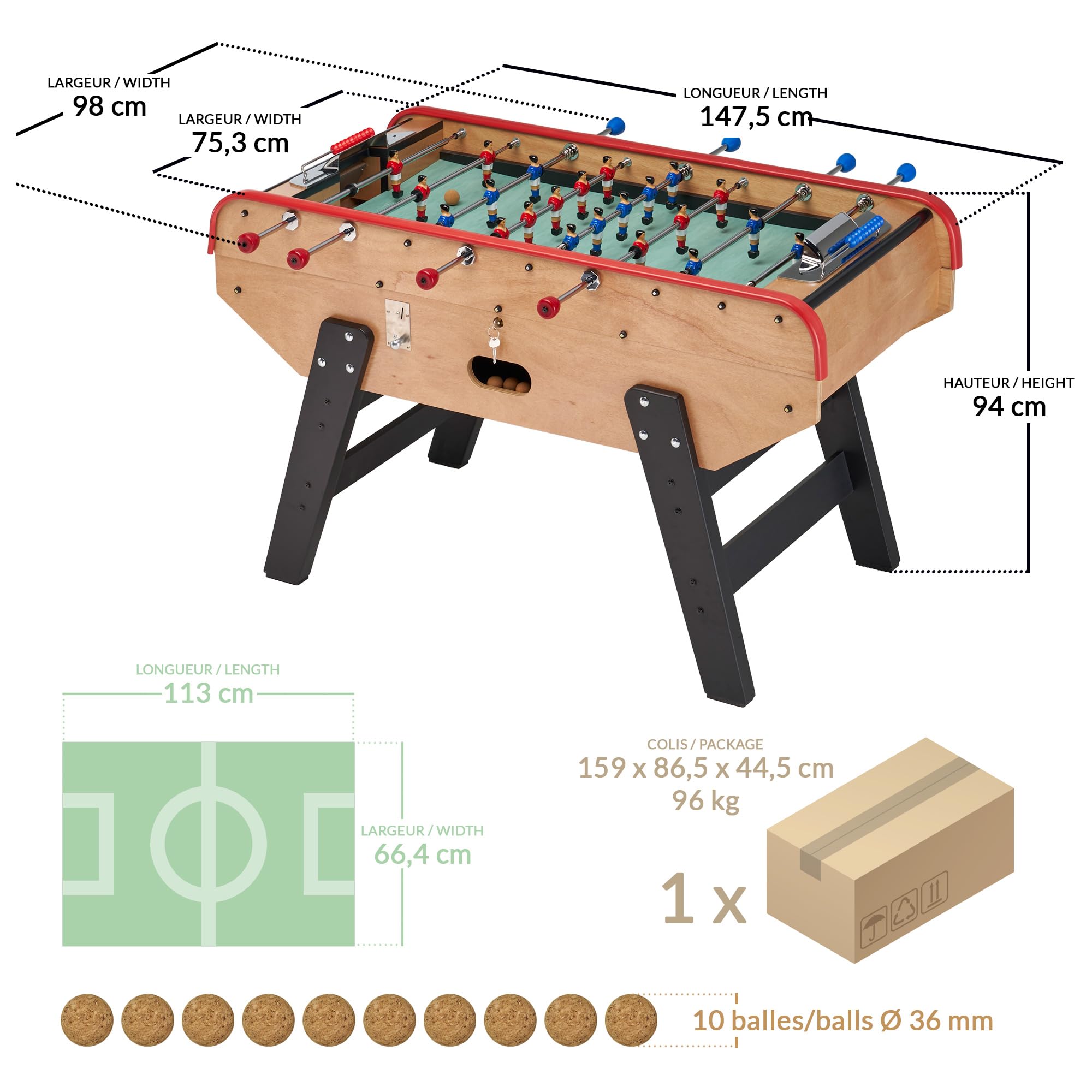 Babyfoot Adulte Luxe en Bois Style bistrot avec monnayeur jetons - 10 balles liège incluses - 30 jetons fournis
