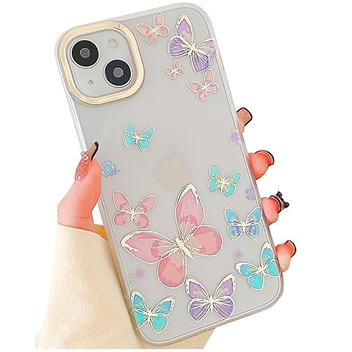 Miniatura 1 de Funda transparente con purpurina para iPhone 15 para mujeres y niñas, bonito patrón de mariposas doradas, rosas, moradas, azules, funda protectora