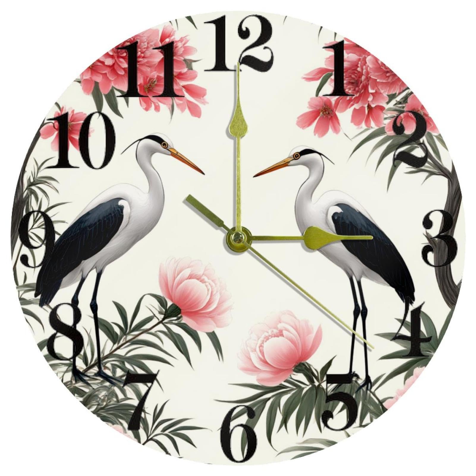 Horloge murale ronde Two Herones sous les pivoines pour décorer un bureau calme