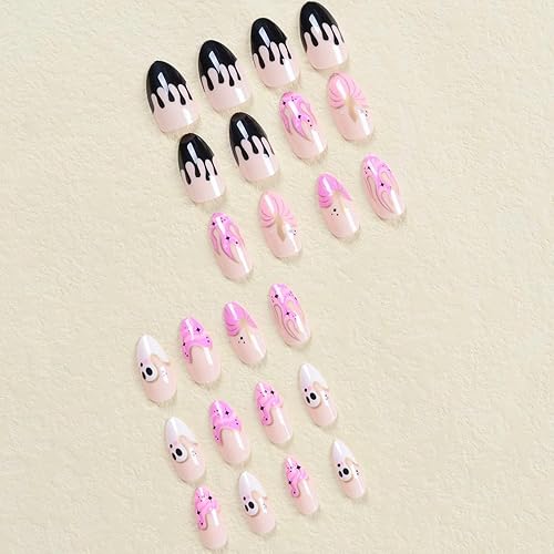 Miniatura 6 de Uñas postizas de Halloween, uñas postizas medianas de punta francesa a presión, cobertura completa, calabaza, fantasma, sangre de Halloween, diseño