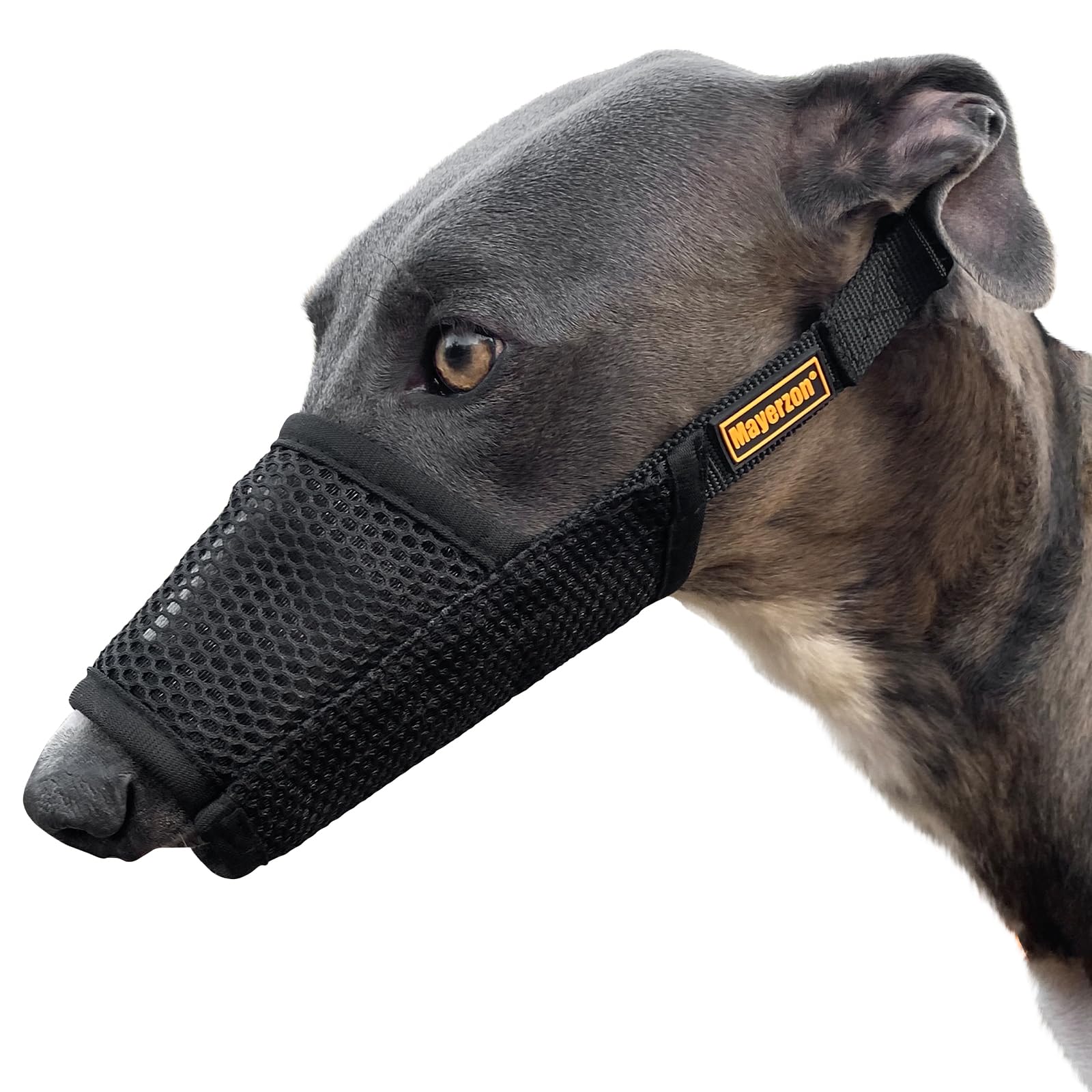 Mayerzon Greyhound Whippet Dog Muzzle, Soft Mesh Muzzle for Long Nose Dogs to Prevent Excessive Biting Chewing Eating, Suitable for Grooming Walking Vet Visits, Allowing Drinking Breathing (Black, L)
