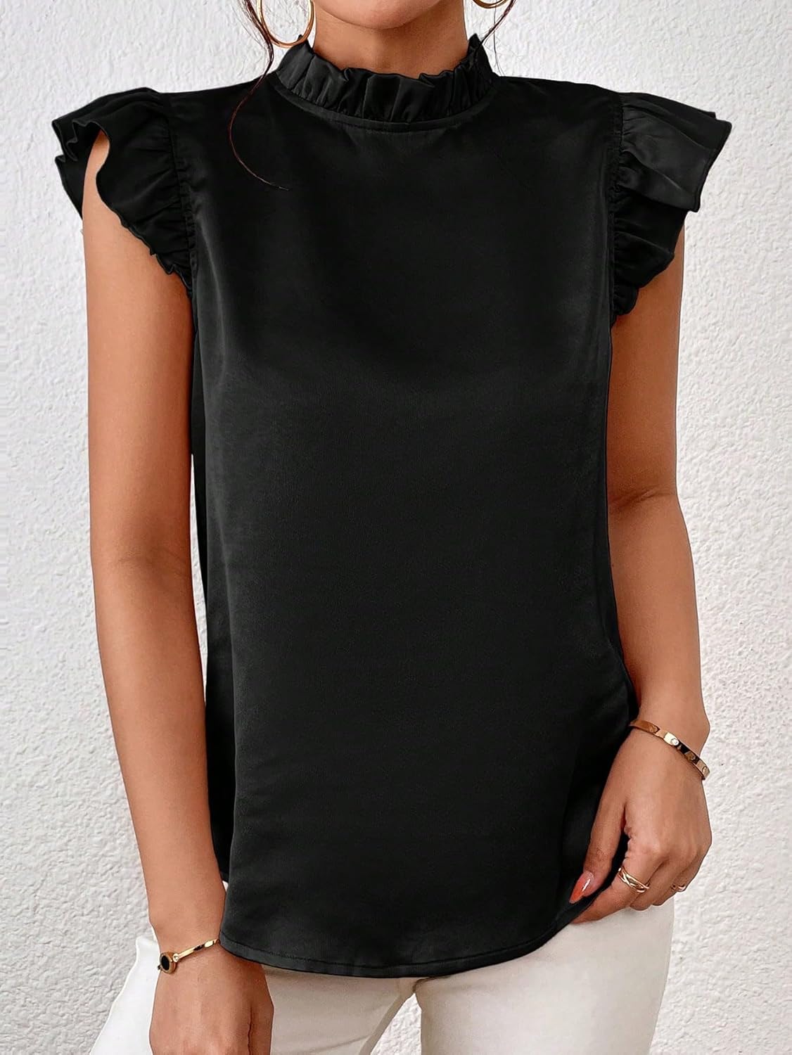 SweatyRocks Women's Elegant Mock Neck Ruffle Trim Tops Butterfly Sleeve Summer Office Blouses - Image 5