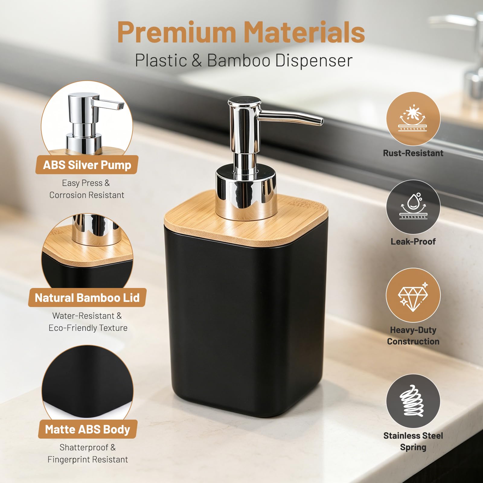 6 teilig Badezimmer Zubehör Set Modern - Badezimmerset Bambus Luxuriösem Kunststoff - Badezimmer Set mit Seifenspender Zahnputzbecher Becher WC Bürste Seifenschale Mülleimer (Schwarz)