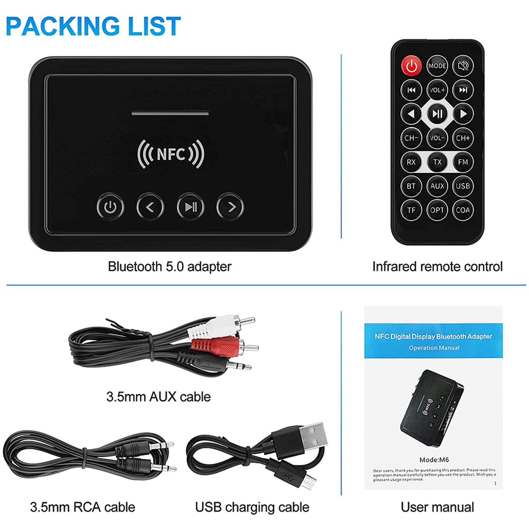 2X Bluetooth 5.0 Récepteur ÉMetteur FM Stéréo AUX 3.5mm RCA NFC Bluetooth Audio Adaptateur pour TV PC Casque