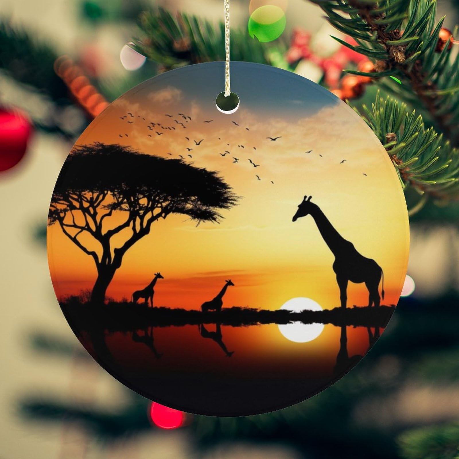 Giraffe Sunset Christmas Ornament for Christmas Tree Ceramic Round Ornament Winter Holiday Keepsake Gift 2.7" Christmas Tree Hanging Decorations Circle Ceramic Pendant Xmas Gift