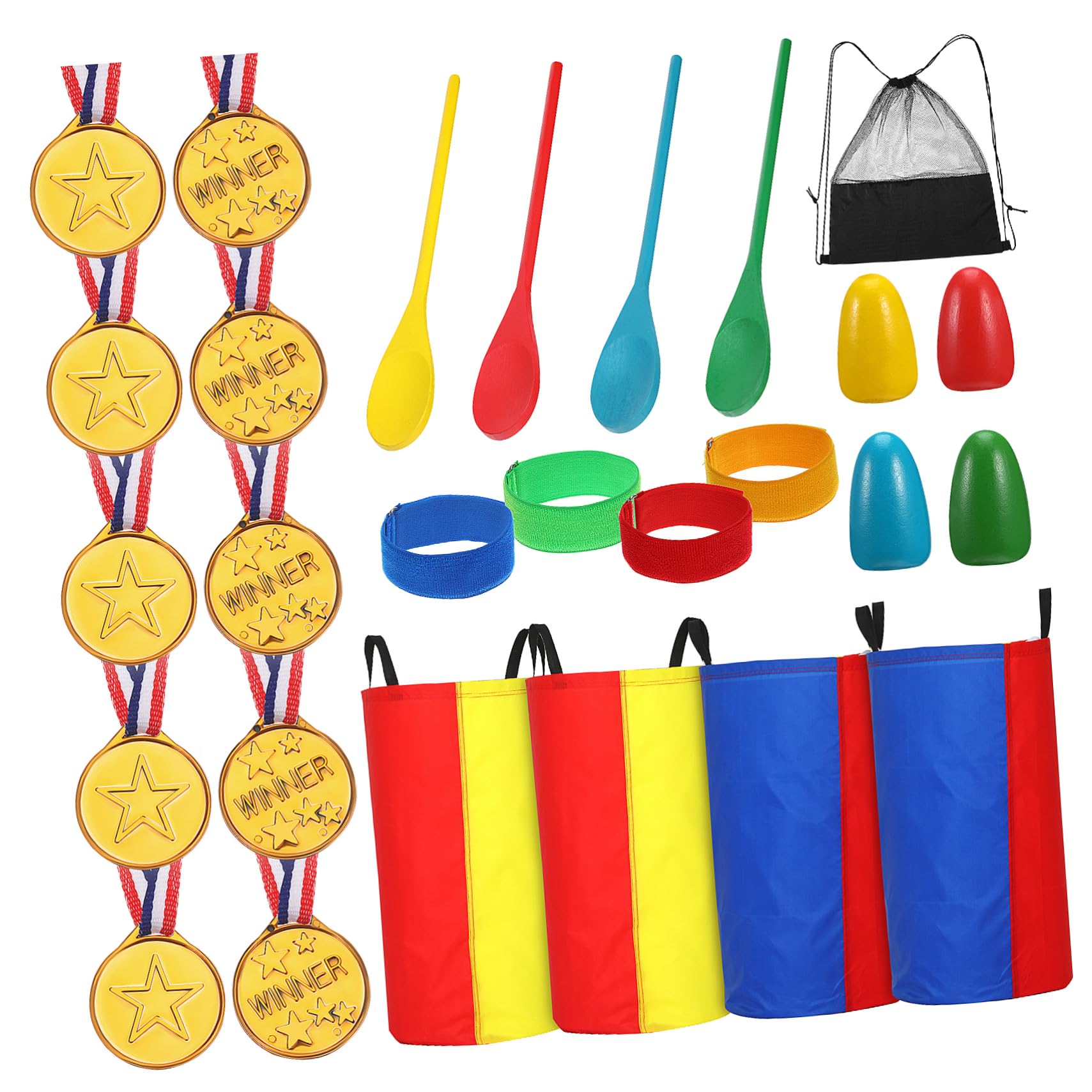 ibasenice Giochi da Esterno per Feste di Compleanno Sacchi per Corsa in Abs e Legno, Set Famiglia per Competizioni di Corsa e Giochi di Gruppo All'aperto Medaglie