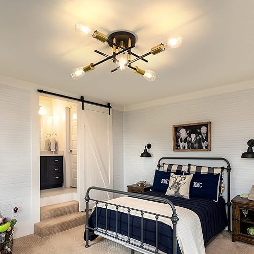 Miniatura 7 de UOFUS Lámpara de techo semiempotrada de 5 luces mate con base E26 moderna lámpara de techo negra y dorada para casa de campo, pasillo, cocina,