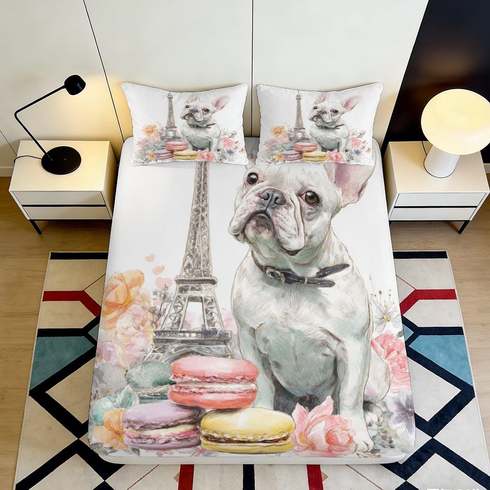 Pnayamiorkfel Style-10 3D Printed Eiffel Tower French Bulldog Fitted Sheet Microfiber Soft Pastel Macaron Bed Cover For Bedroom Decor 90X200x25cm