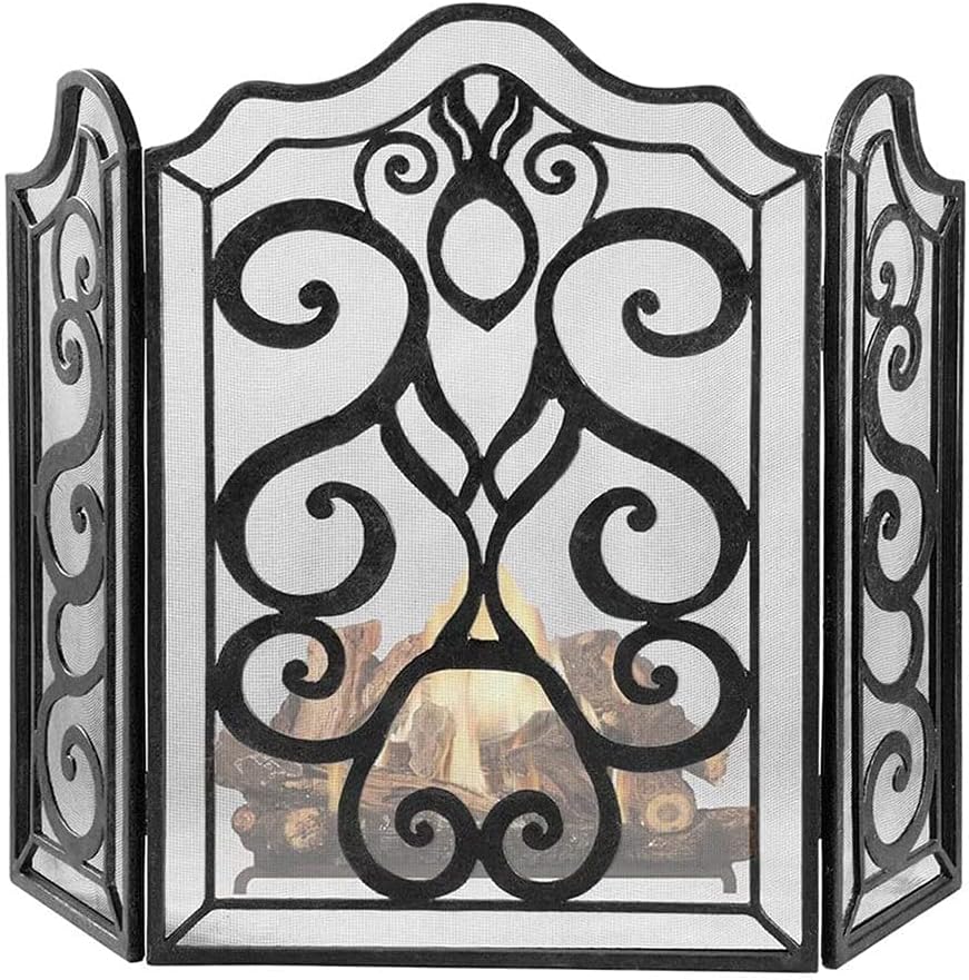 3-Piece Iron Fireplace Screen Set, Black Spark Guard with Leaf Design, Durable Metal Mesh Barrier for Wood, Coal, Stoves, and Grills - Safety and Style for Your Home