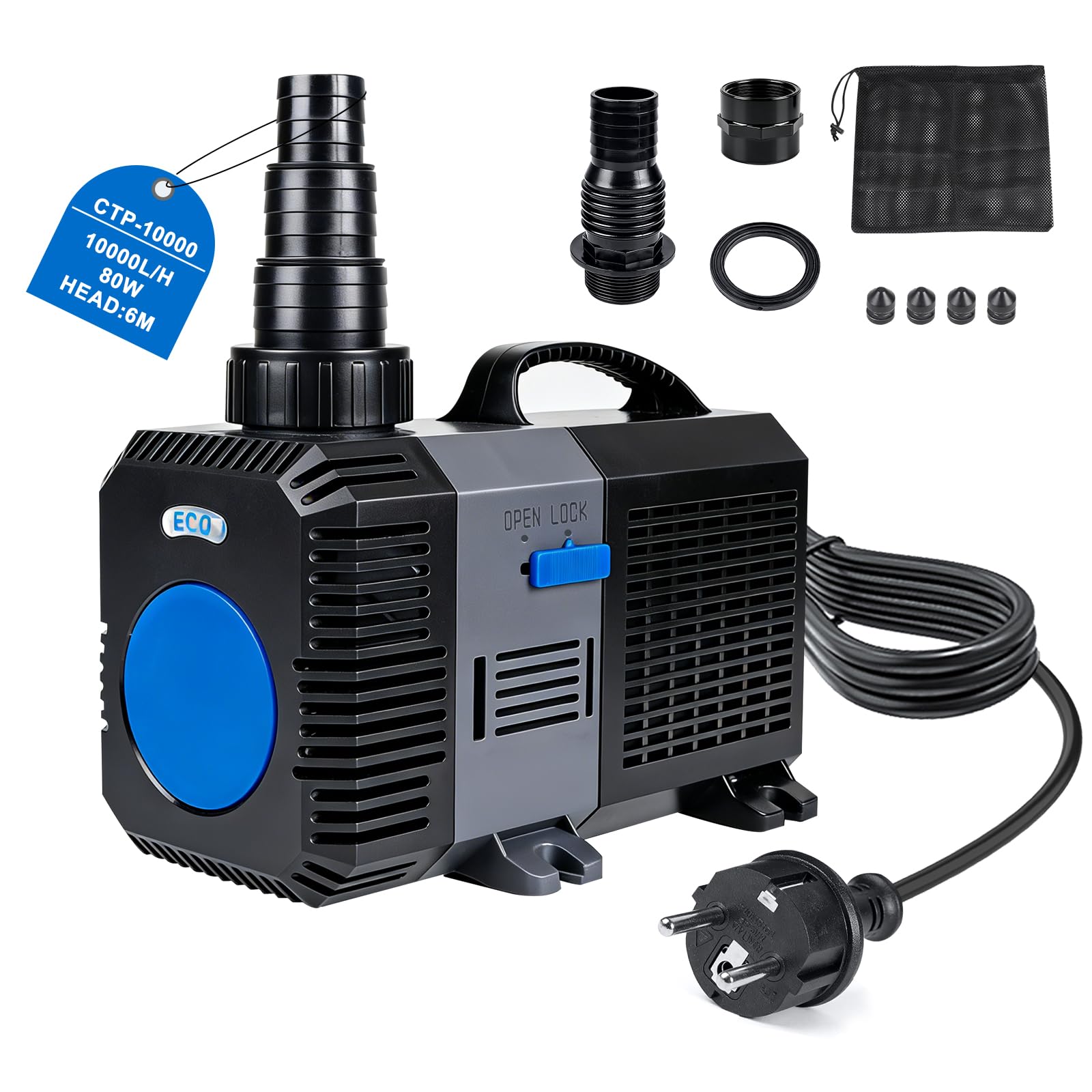 EXLECO Super Eco Bomba para Estanque Anfibia 10000L/H 80W Filtro Pecera, Bombas de Agua Sumergible, Bomba para Fuente Jardín, Filtro Acuario para Acuario y Estanque, CTP-10000