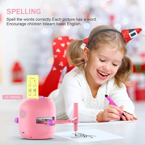 Drawing Robot for Kids,Montessori Educational Painting Toy for 5+ with Voice Interaction&16 Color Pens,Magic Drawing Robot with 100 Learning Word Cards, Suitable for 5+ Year Old Boys Girls (Pink)